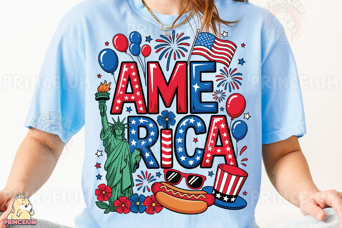a woman wearing a blue america t - shirt
