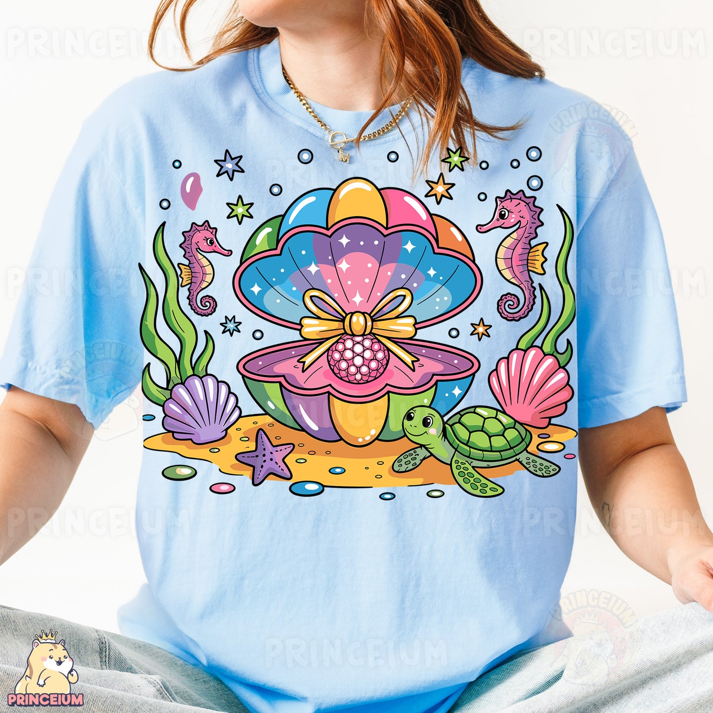a woman wearing a t - shirt with an image of a turtle on it