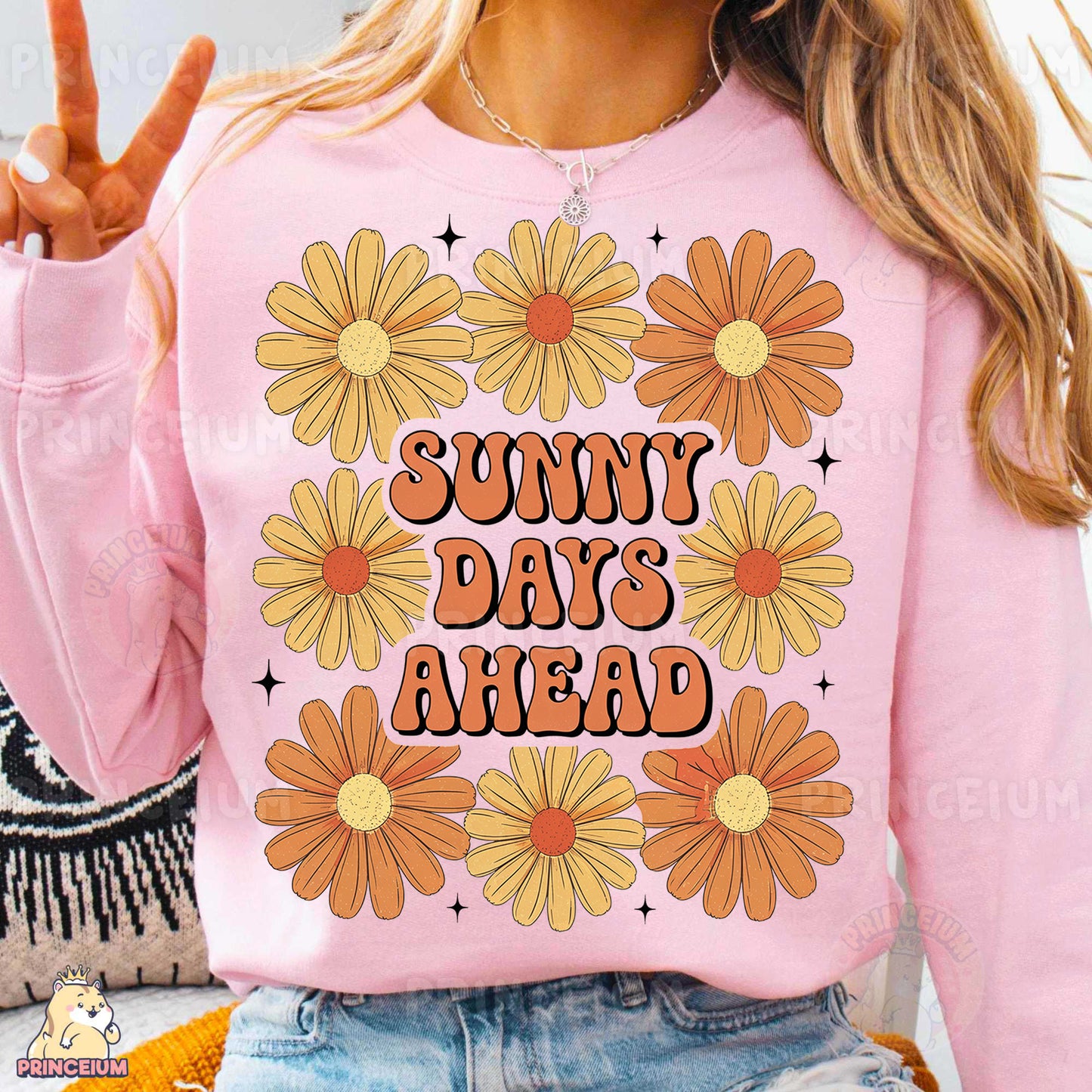 a woman wearing a pink shirt that says sunny days ahead