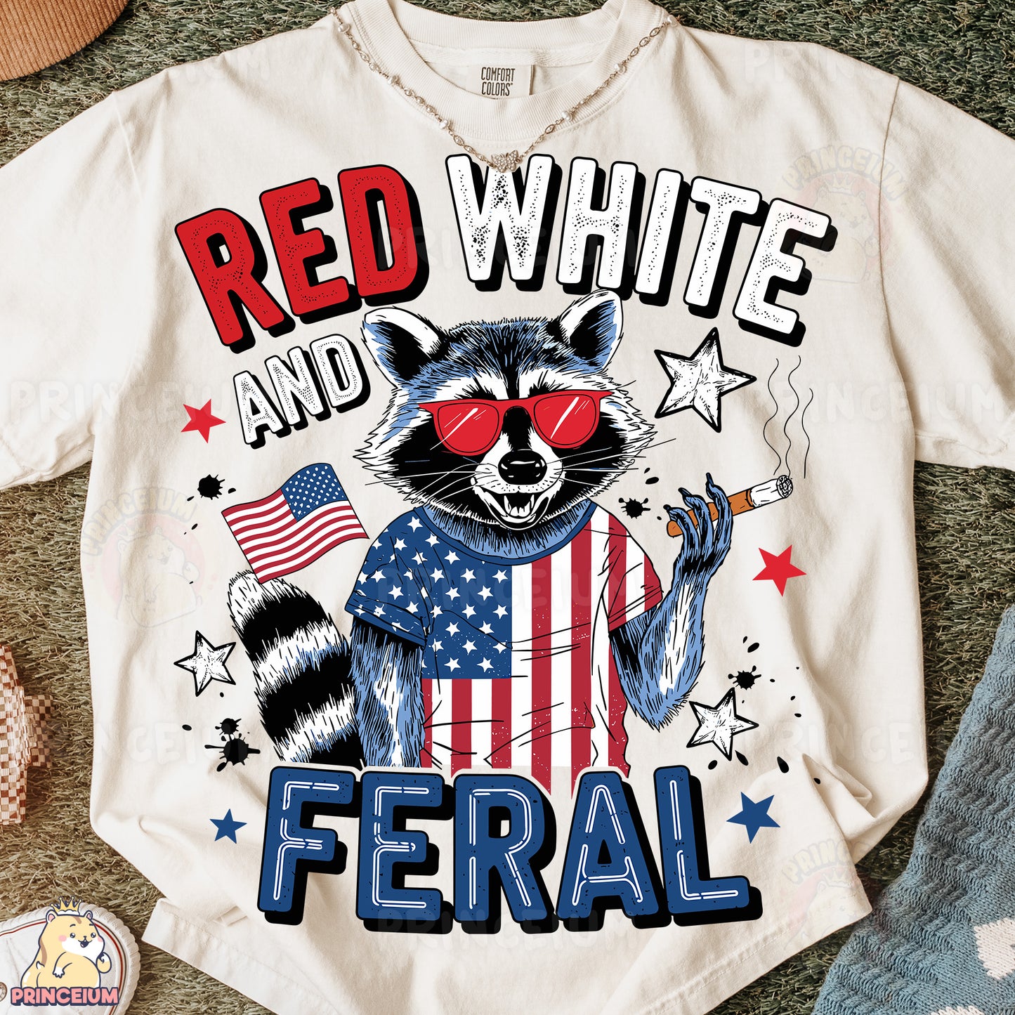 a red, white and blue shirt with a raccoon wearing sunglasses