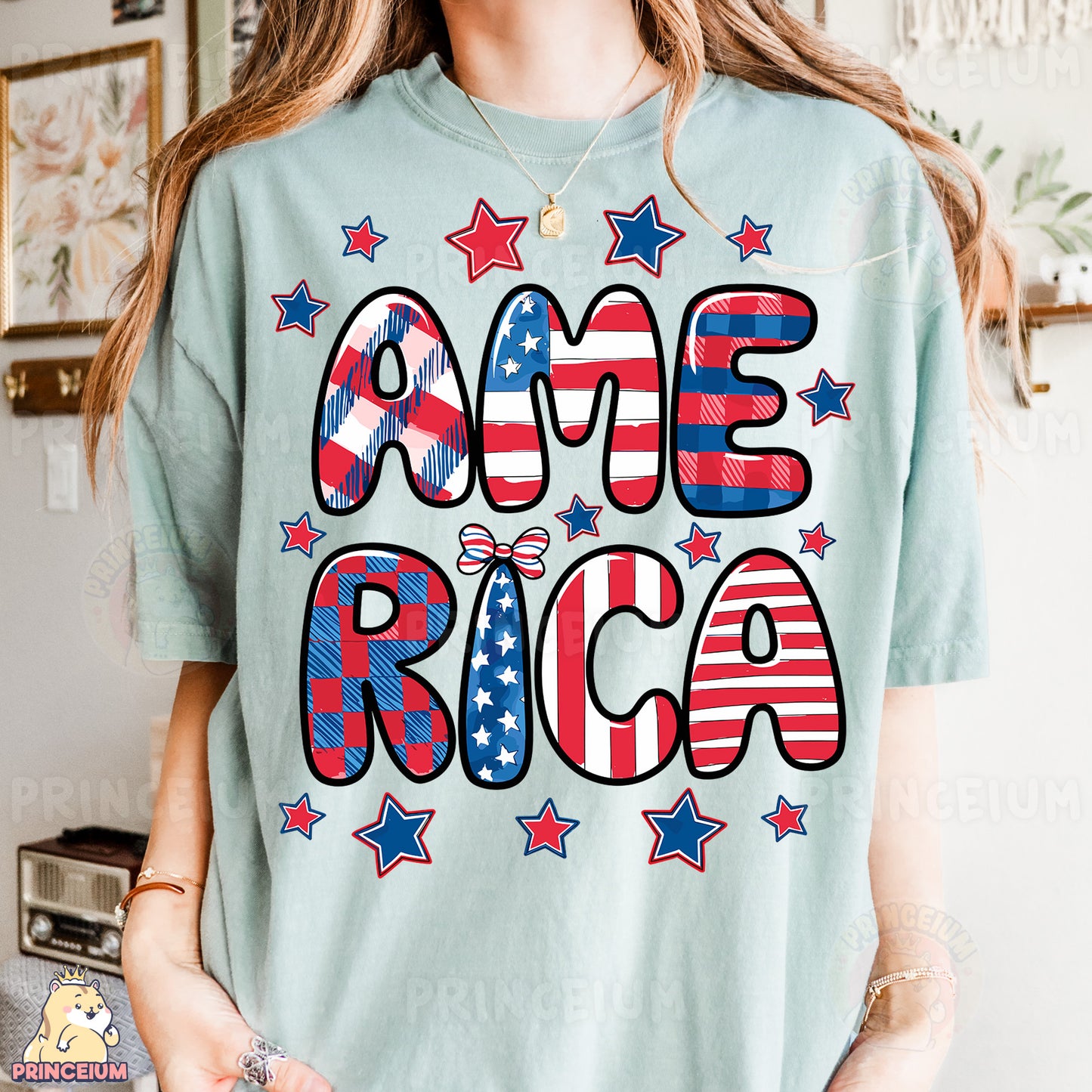 a woman wearing a t - shirt with the word america on it