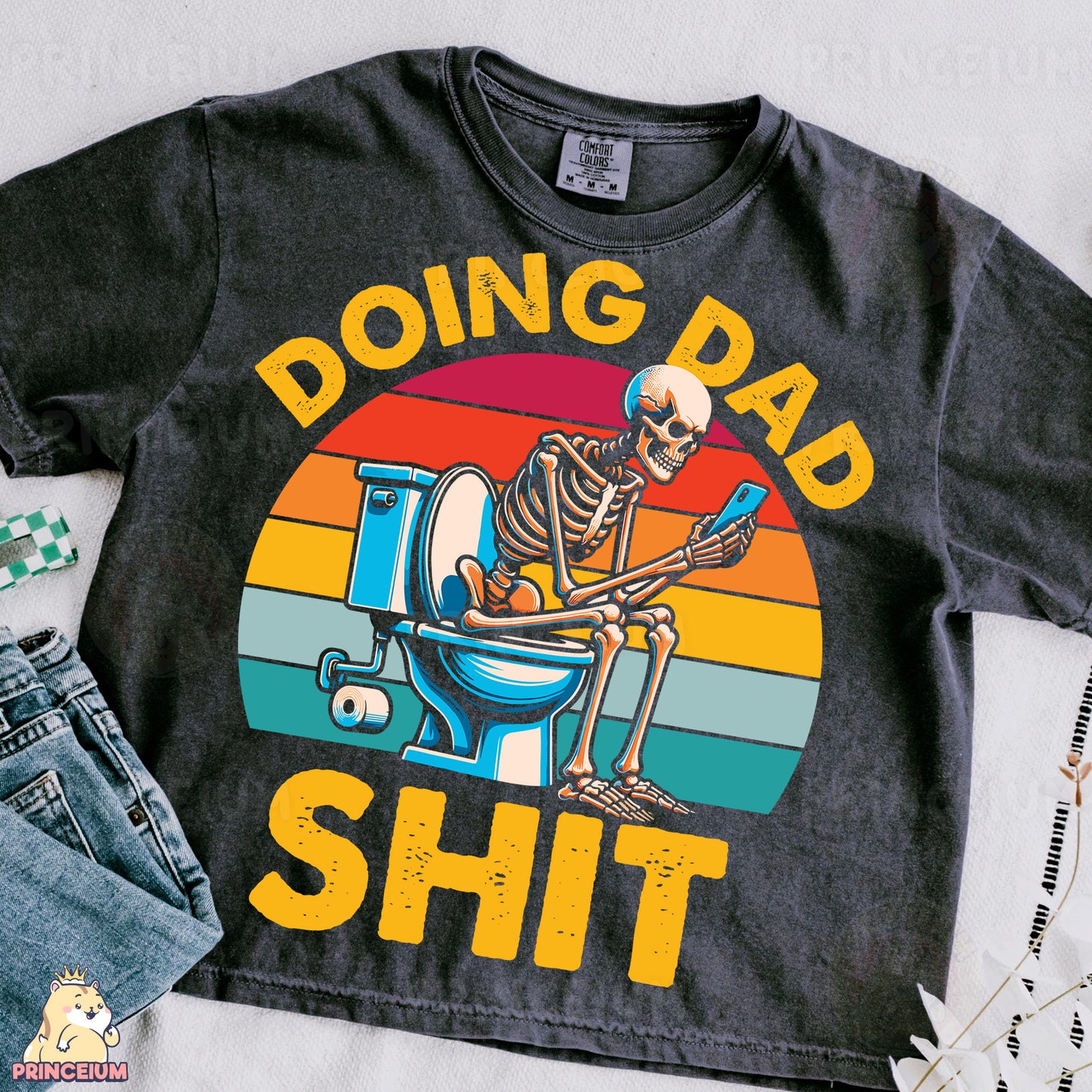 a skeleton sitting on top of a toilet wearing a skeleton shirt