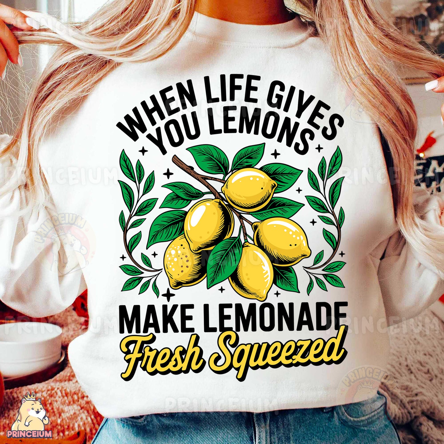 a woman wearing a t - shirt that says when life gives you lemons make