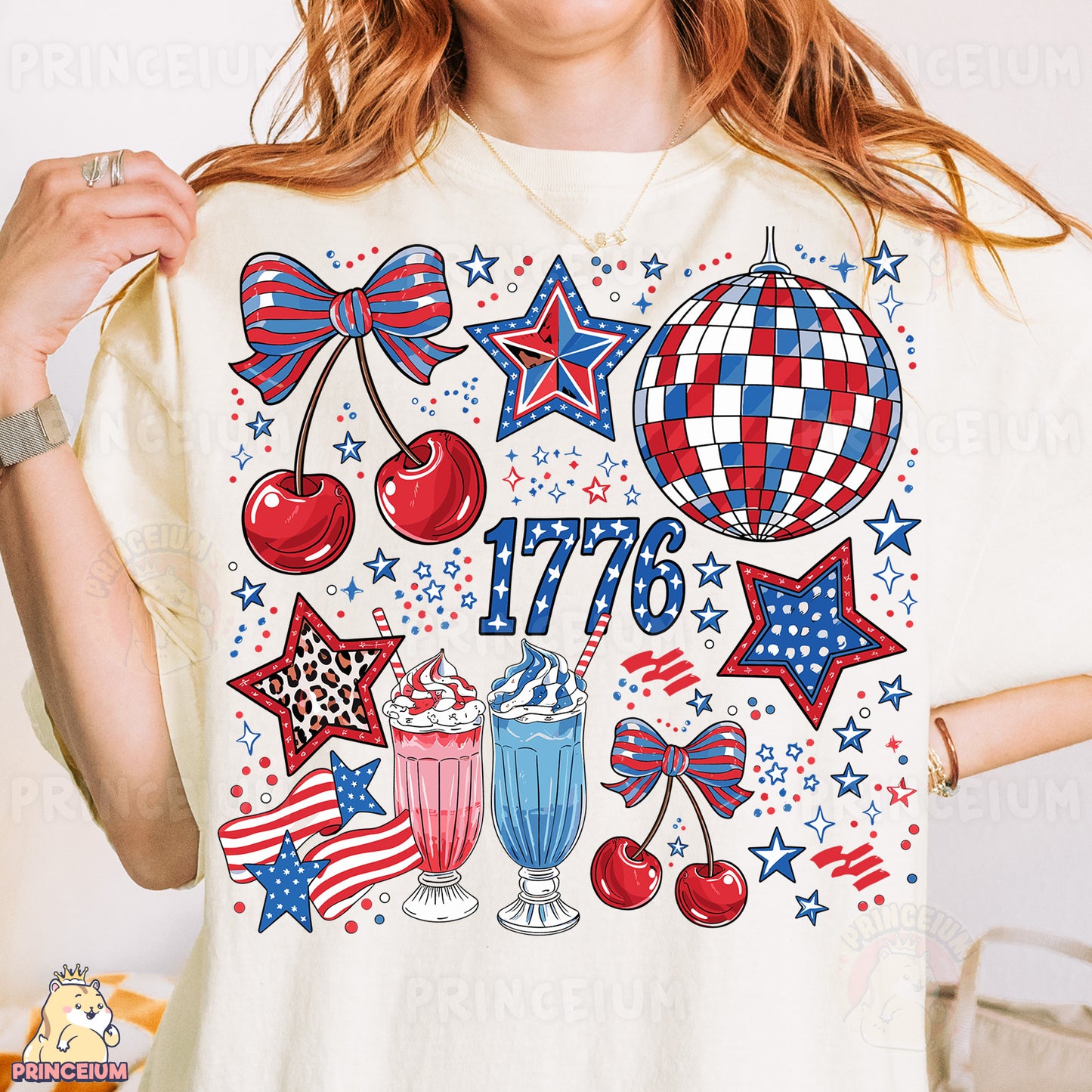 a woman wearing a t - shirt with a patriotic design