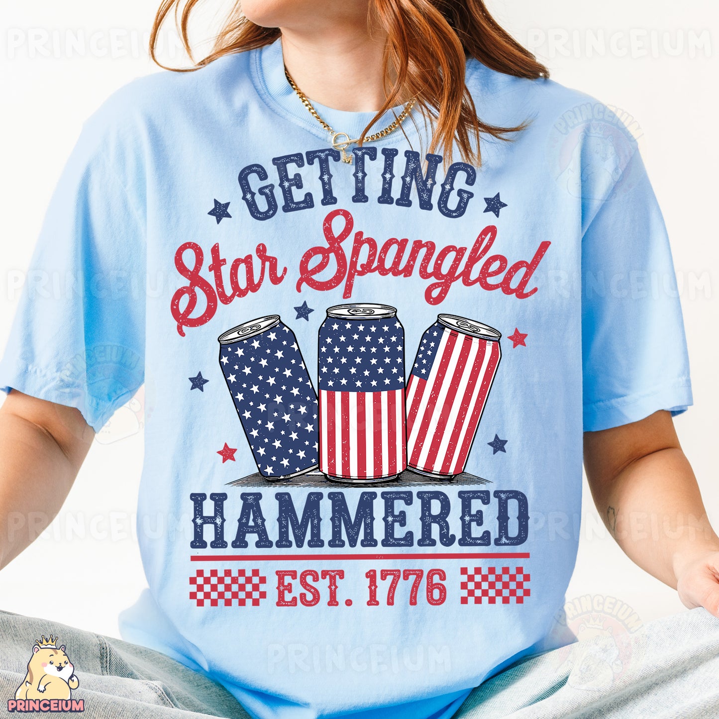 a woman wearing a blue shirt with stars and stripes on it