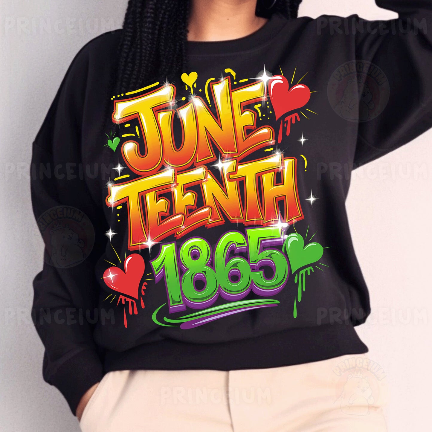 a woman wearing a black sweatshirt with the words juneteeth on it