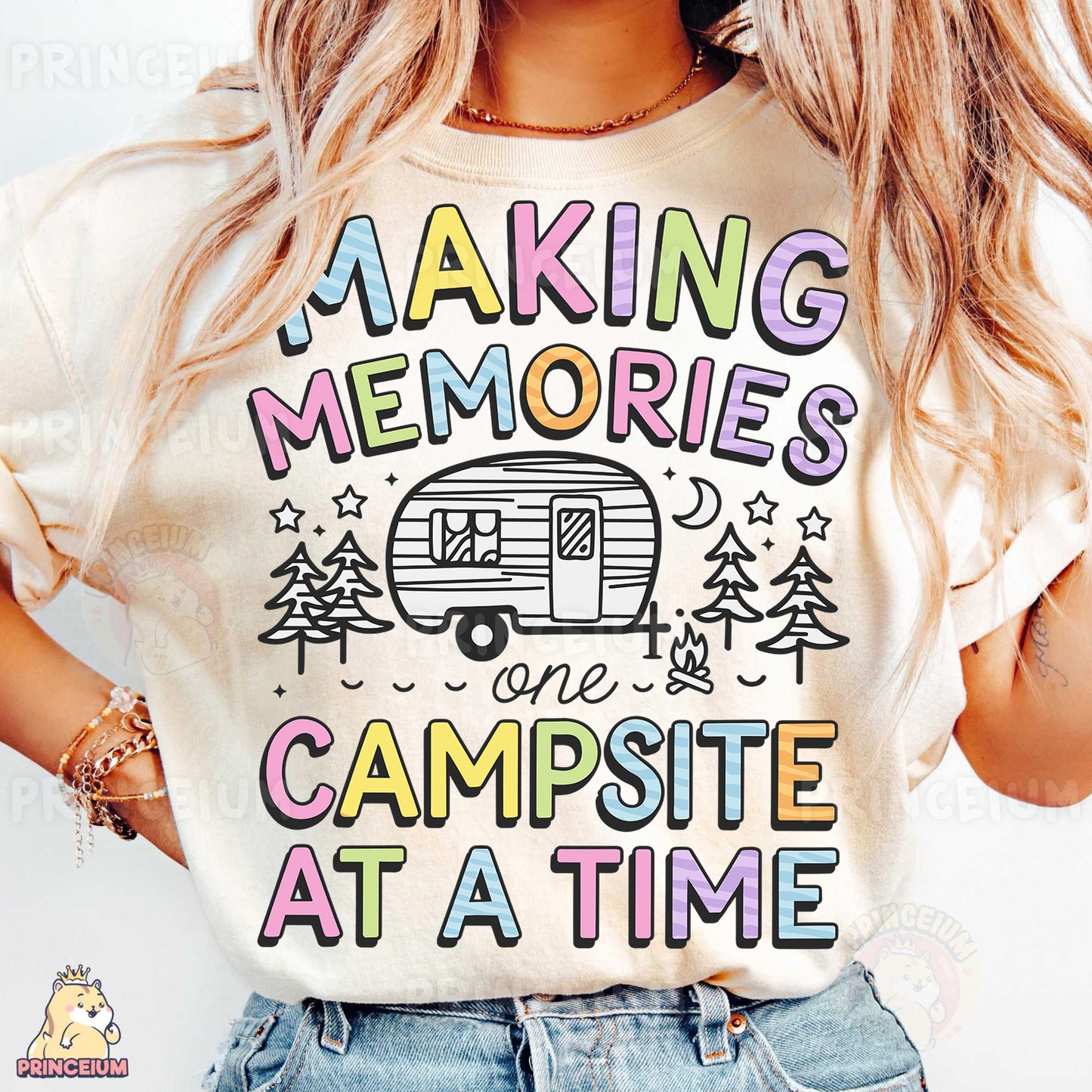 a woman wearing a t - shirt that says making memories campsite at a time