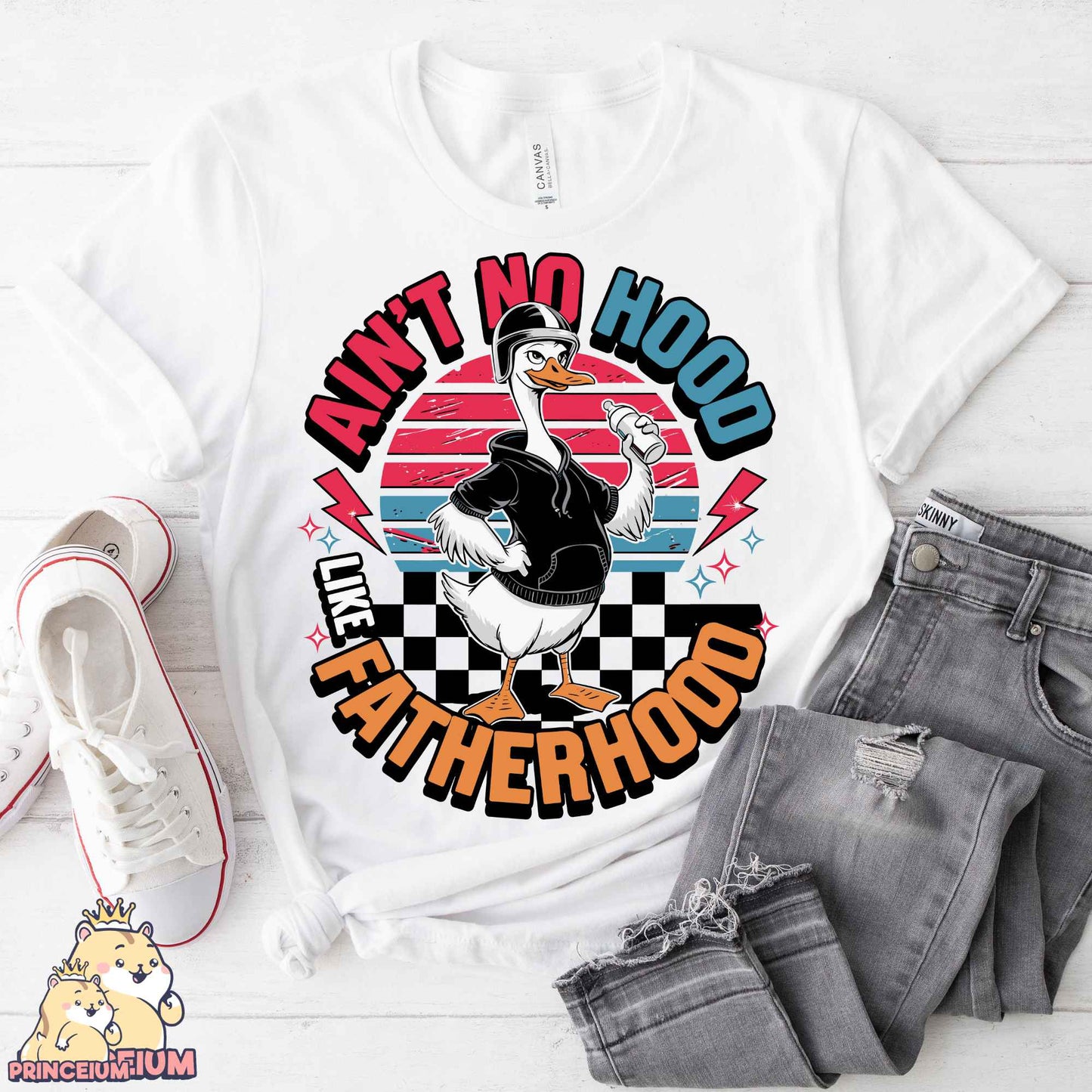 a white t - shirt with an image of a duck on it