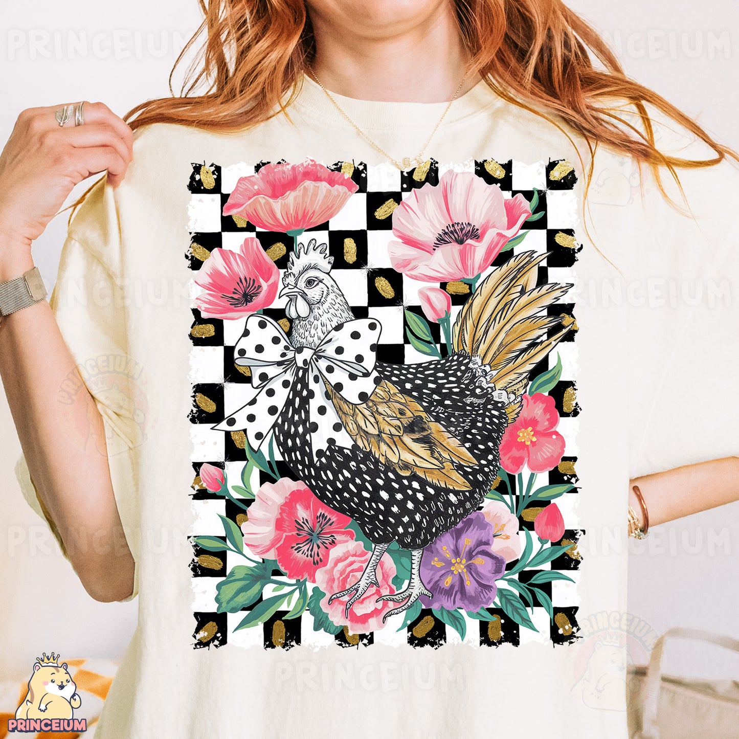 a woman wearing a t - shirt with a bird and flowers on it