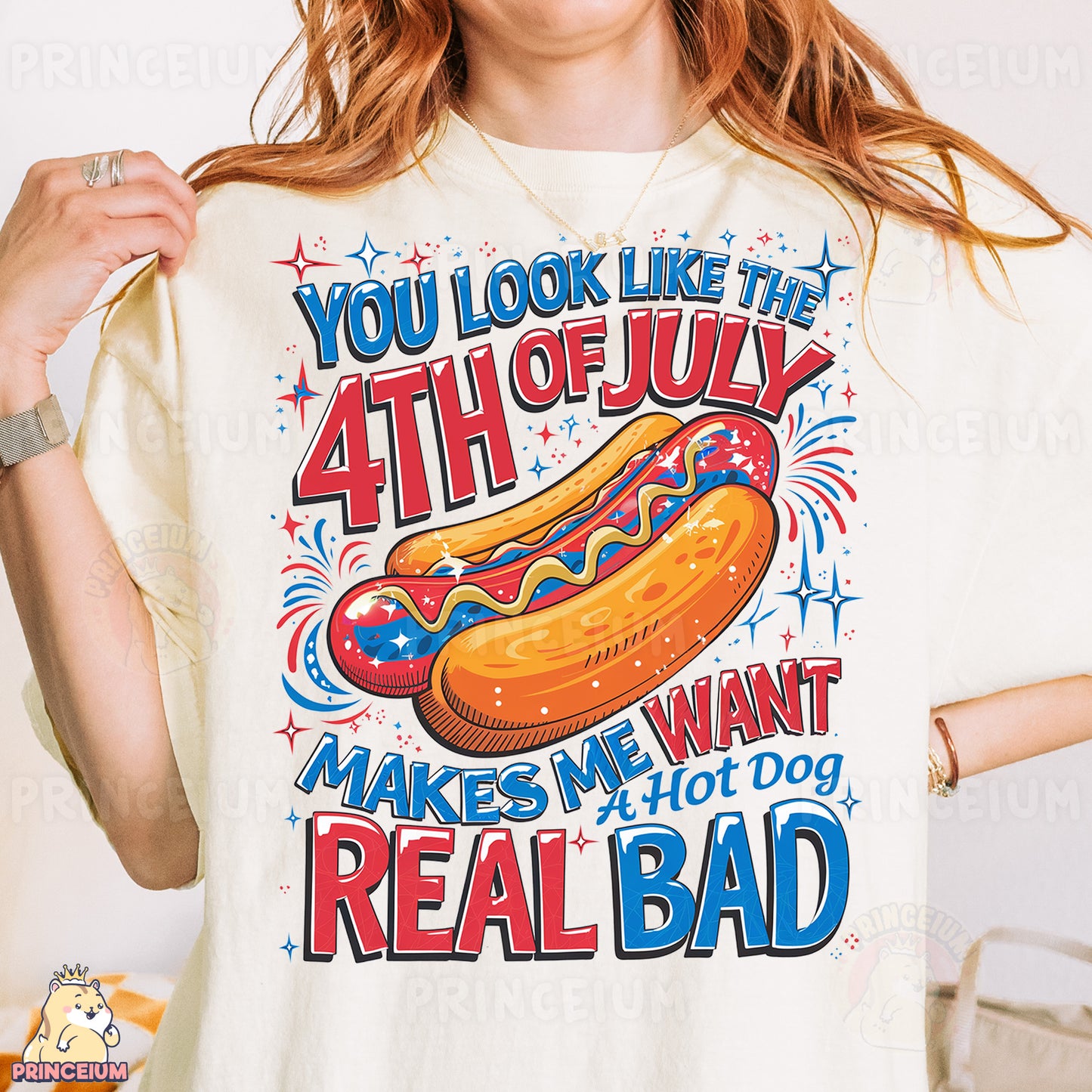 a woman wearing a t - shirt that says you look like the 4th of july