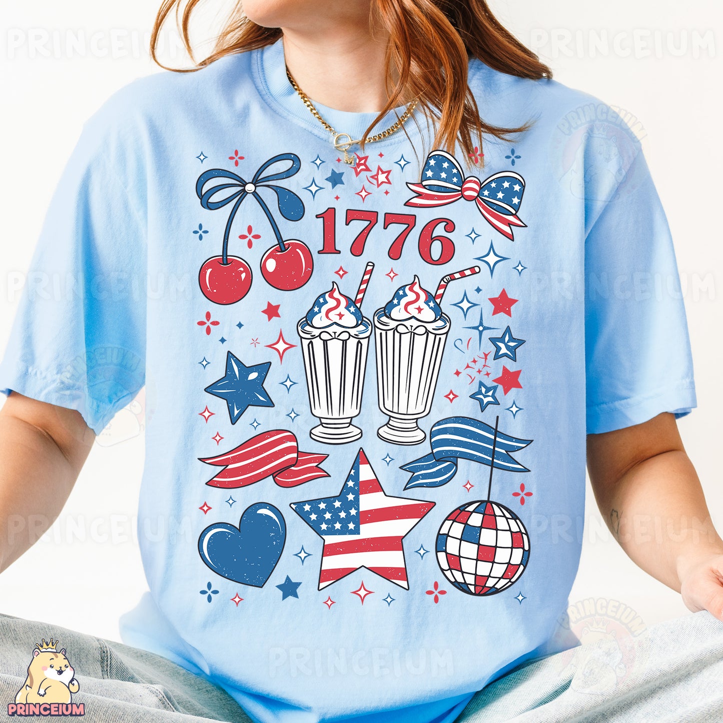 a woman wearing a blue t - shirt with a patriotic design on it