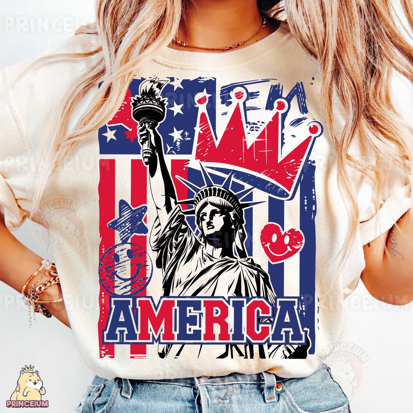 a woman wearing a t - shirt with the statue of liberty on it