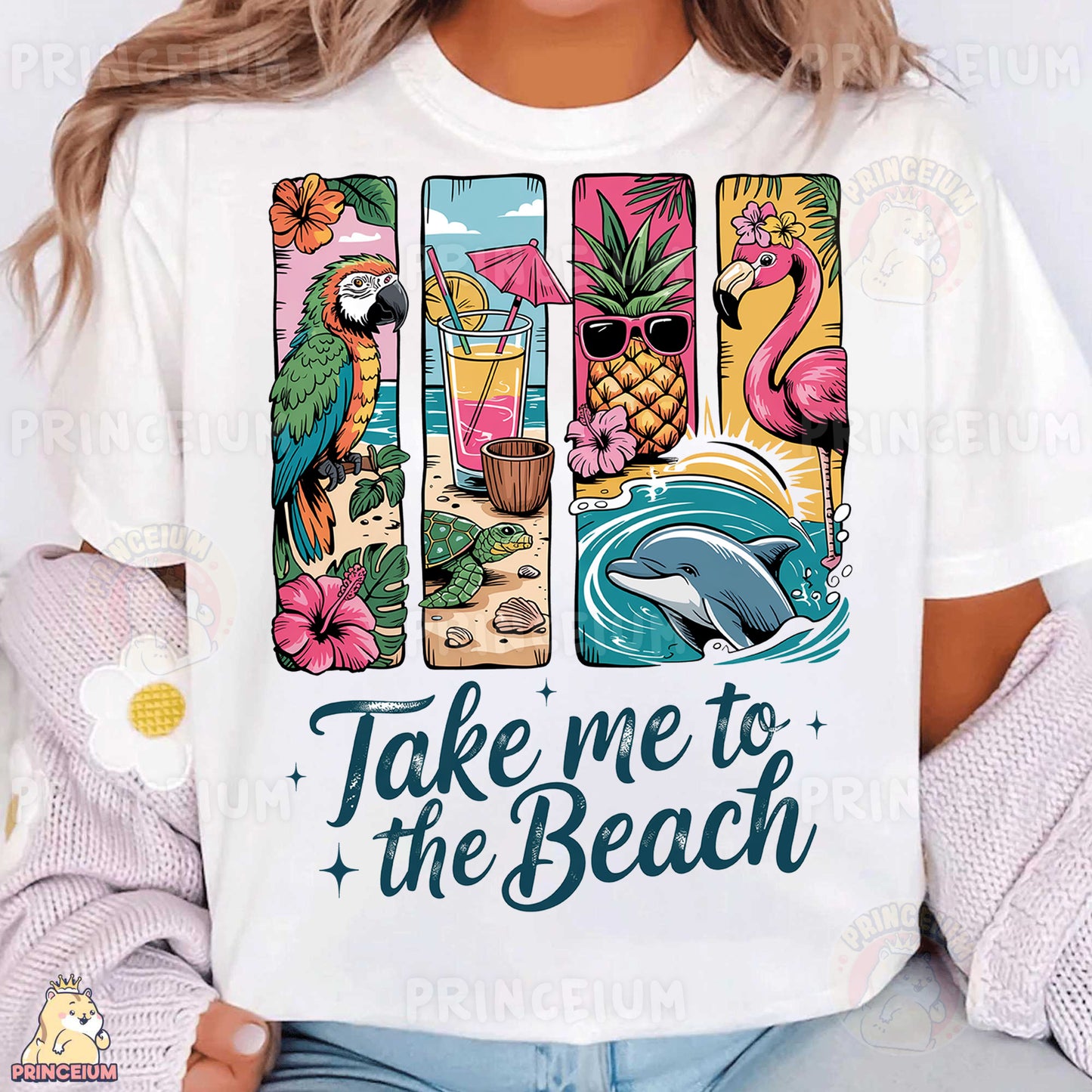 a woman wearing a t - shirt that says take me to the beach