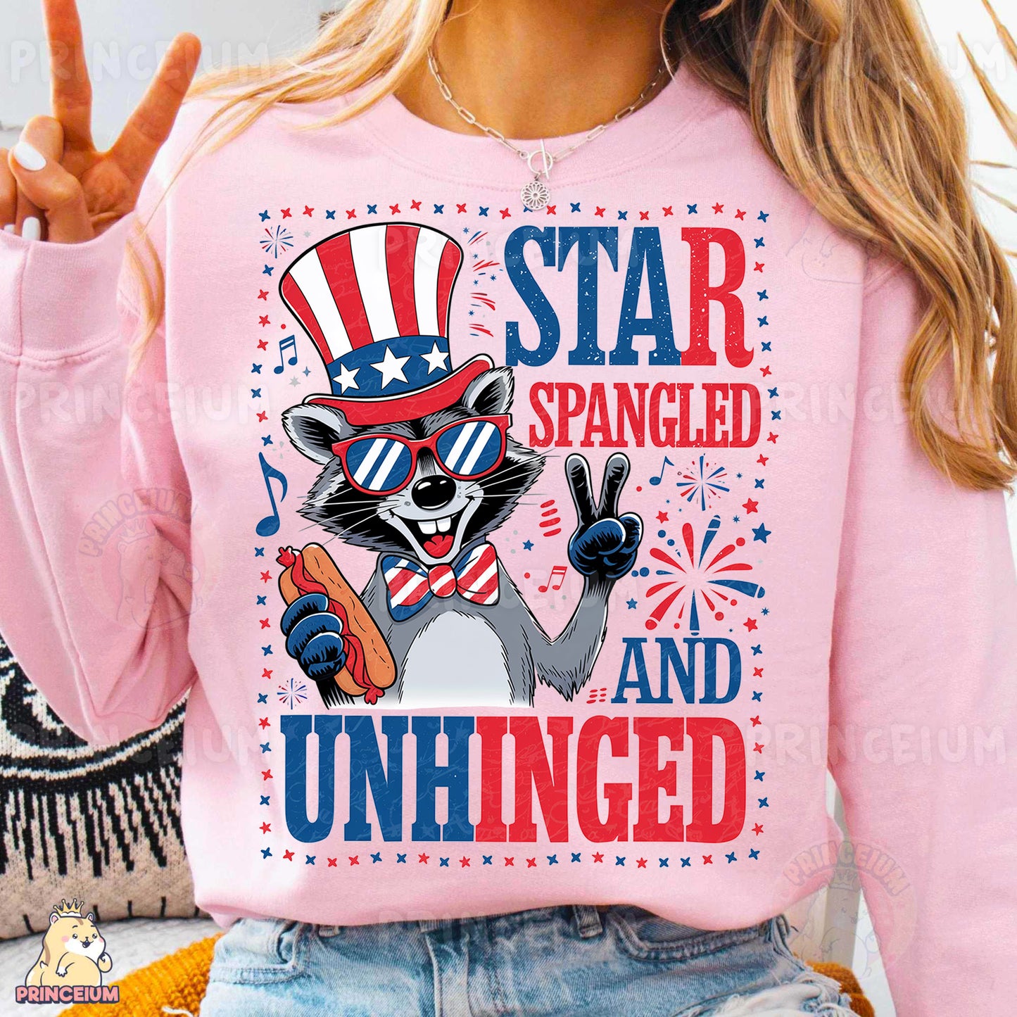 a woman wearing a pink shirt with a raccoon wearing an american flag hat