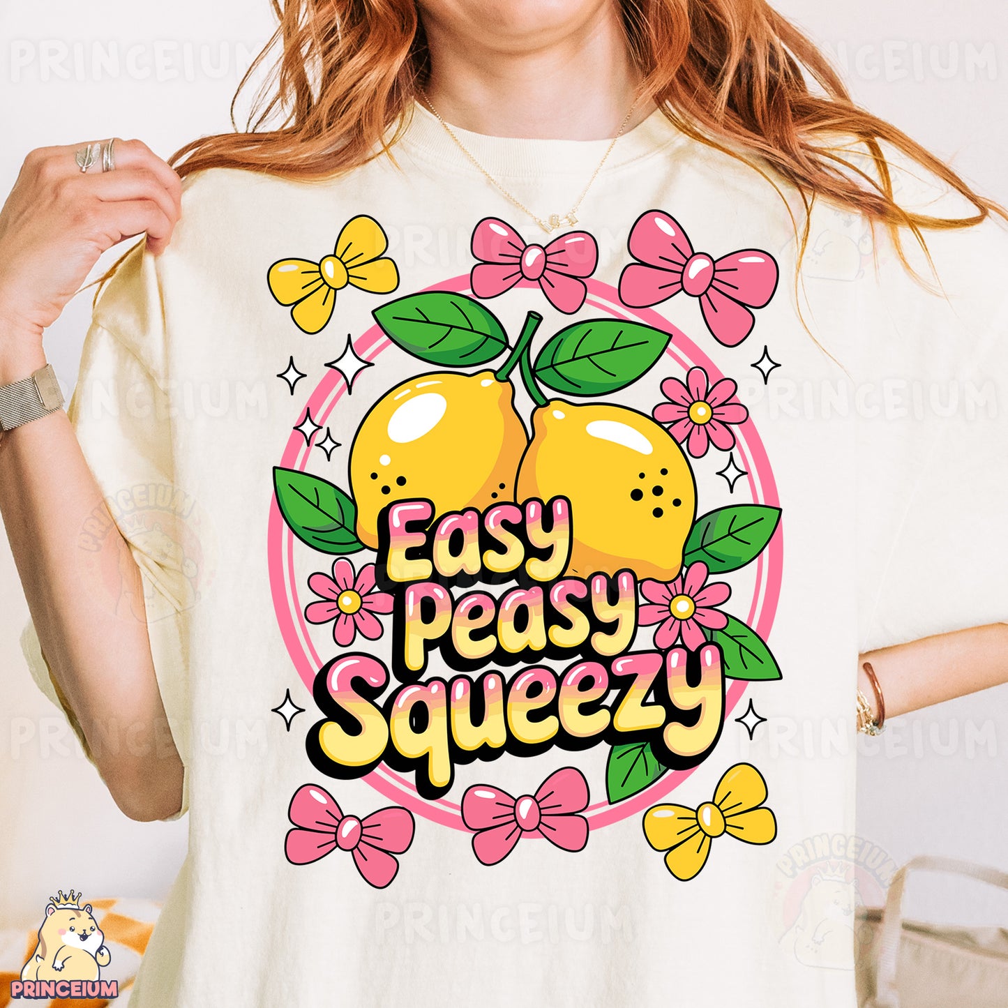 a woman wearing a t - shirt that says easy peachy squeezezy