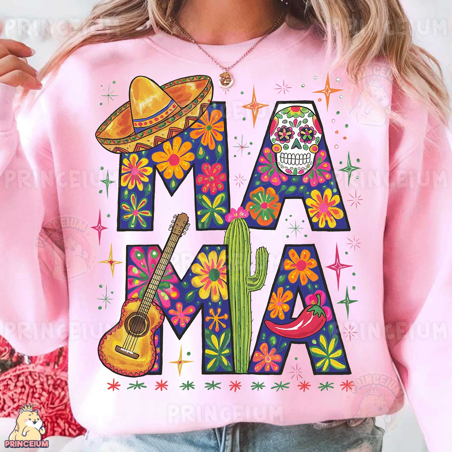 a woman wearing a pink sweatshirt with a mexican design