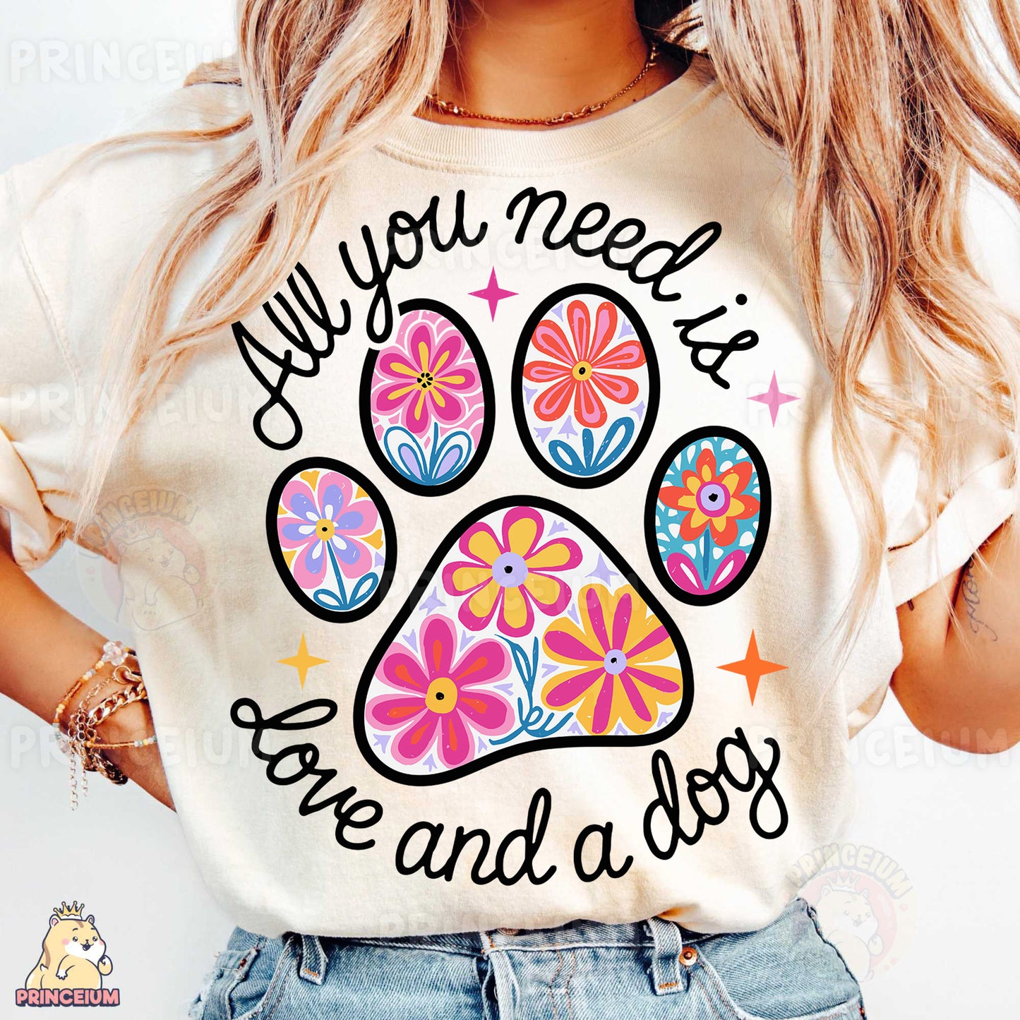 a woman wearing a t - shirt with a dog's paw on it