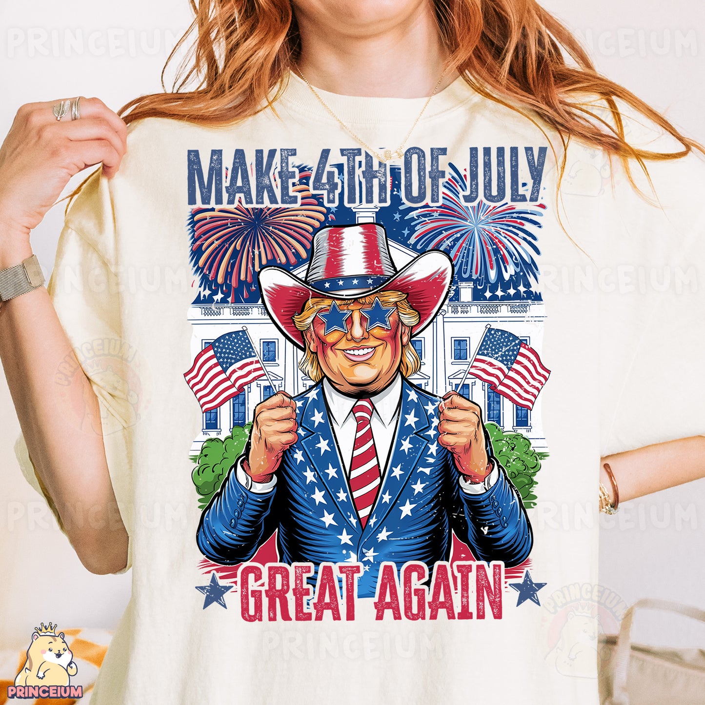 a woman wearing a t - shirt with a political image on it
