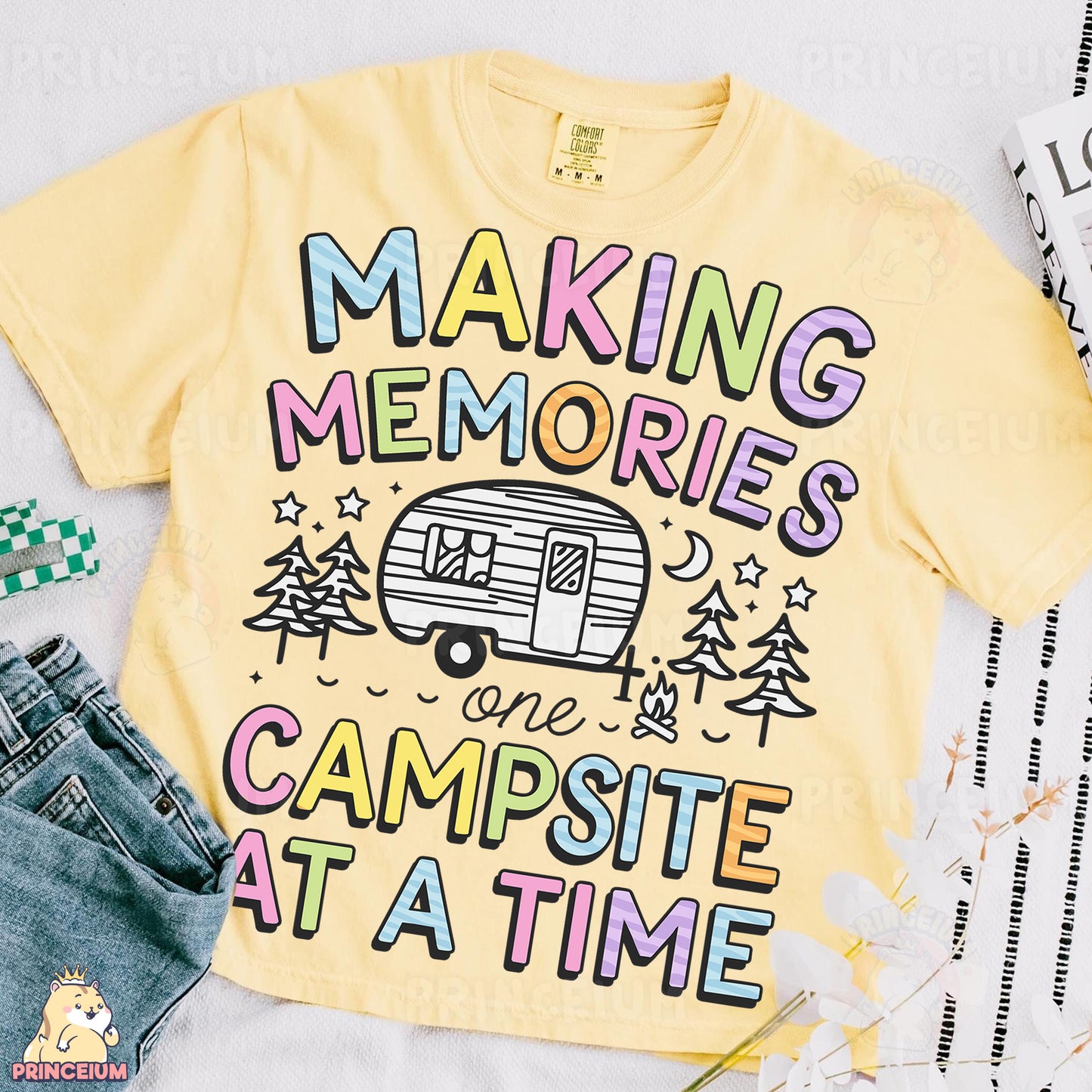 a yellow shirt that says making memories campsite at a time