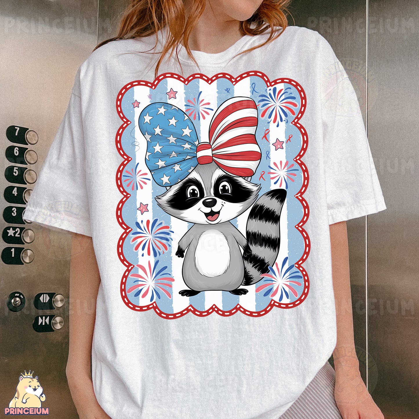 a woman wearing a t - shirt with a raccoon wearing an american flag