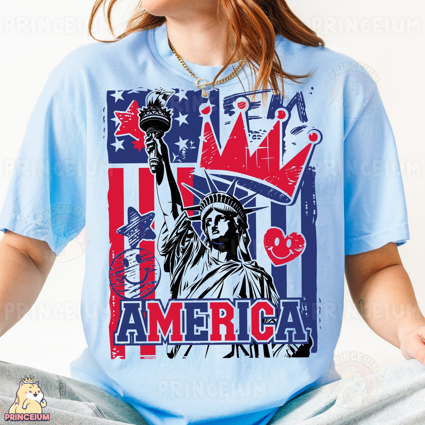 a woman wearing a blue shirt with a statue of liberty on it