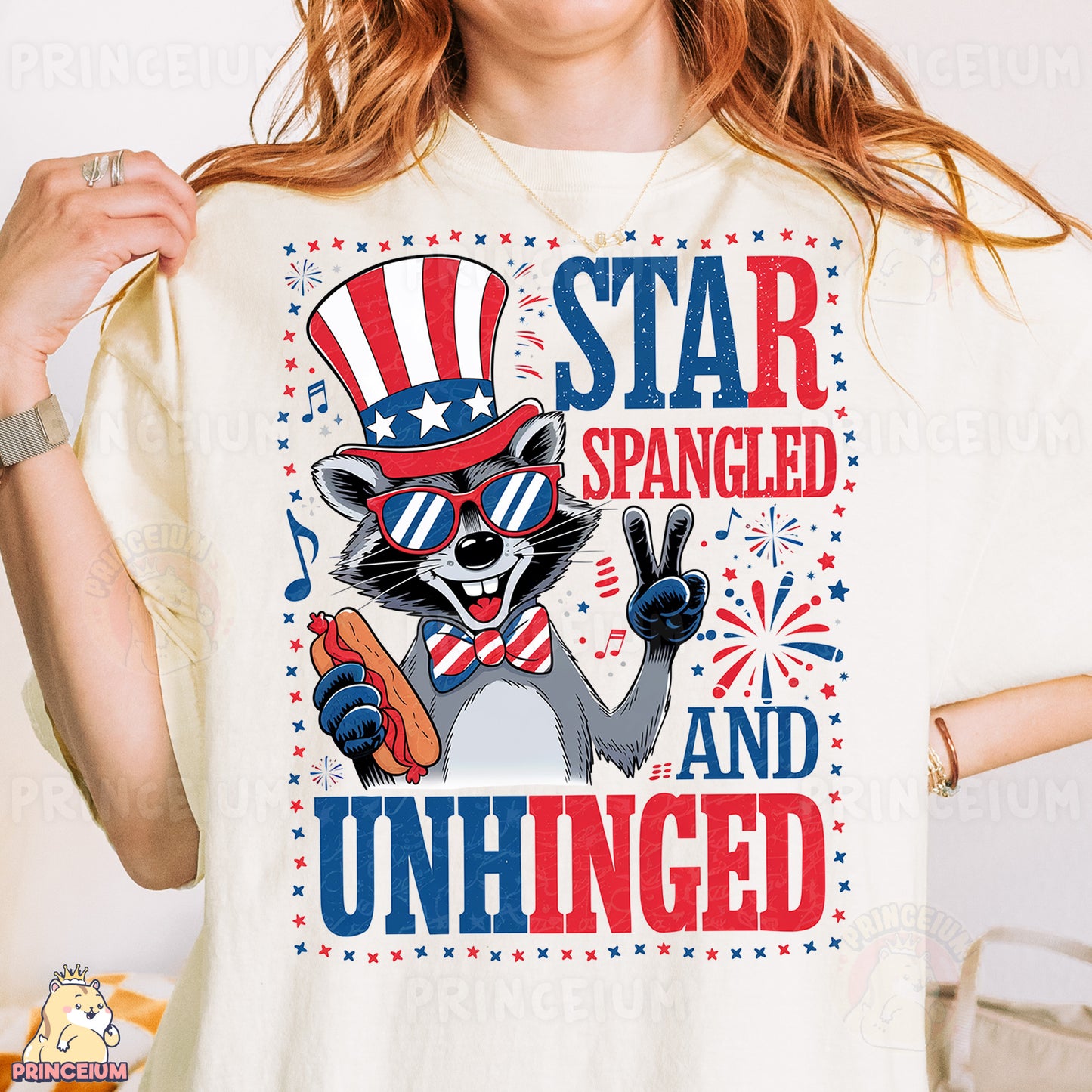 a woman wearing a t - shirt that says star spangled and unhinged