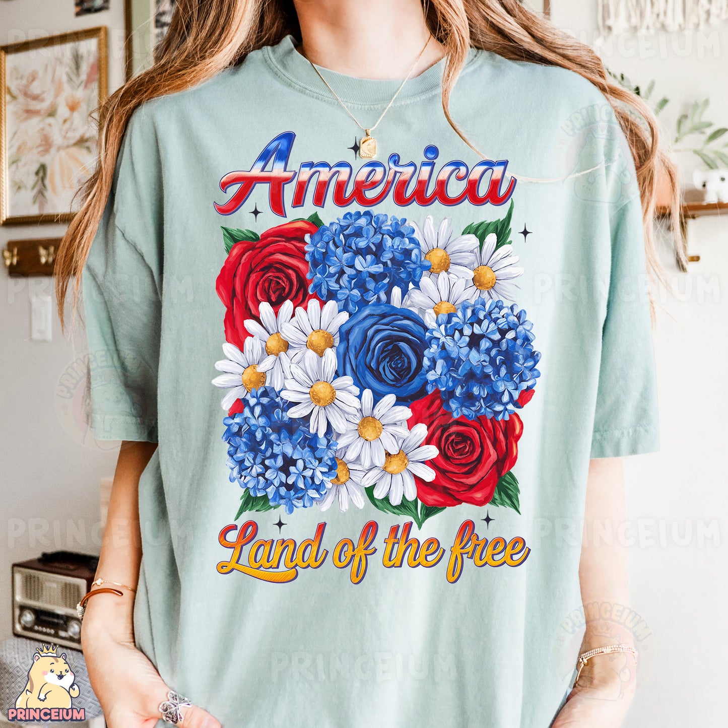 a woman wearing an american land of the free t - shirt