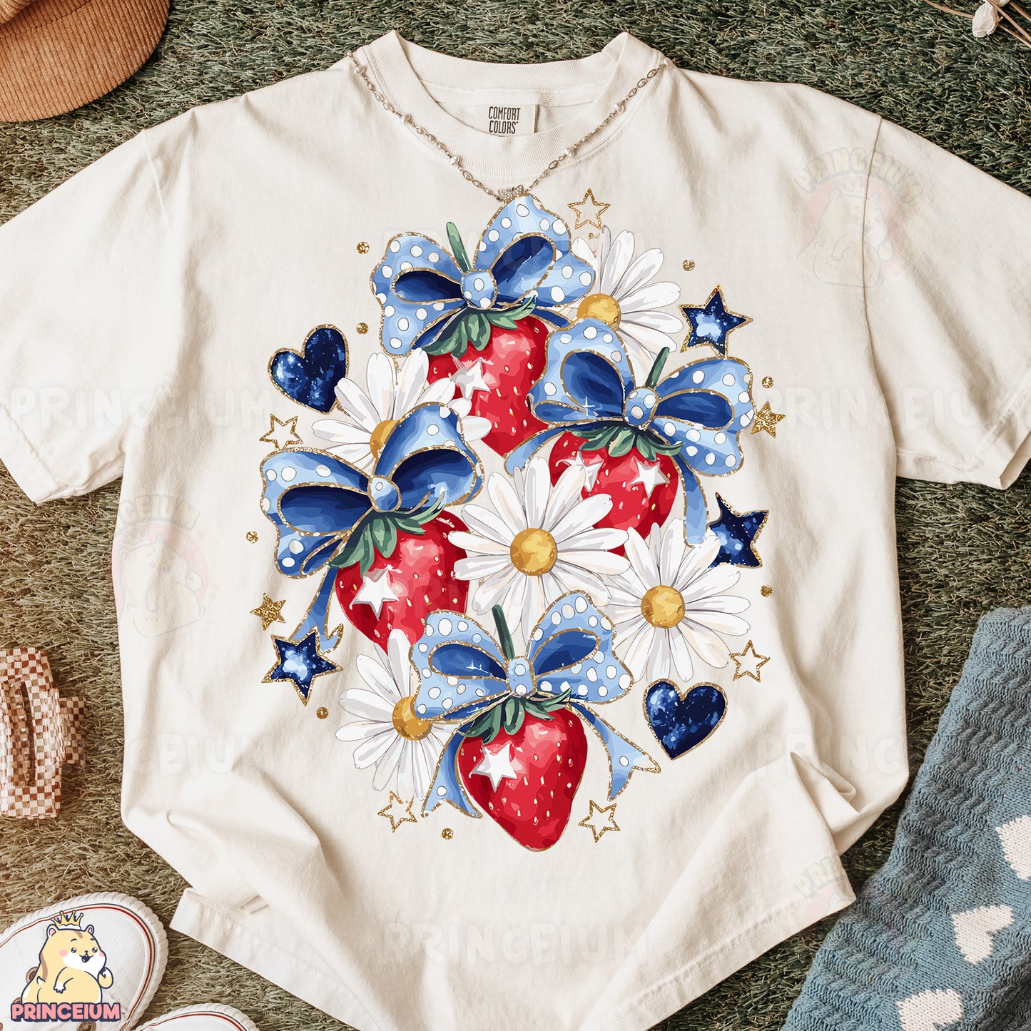 a t - shirt with a strawberry and daisies on it