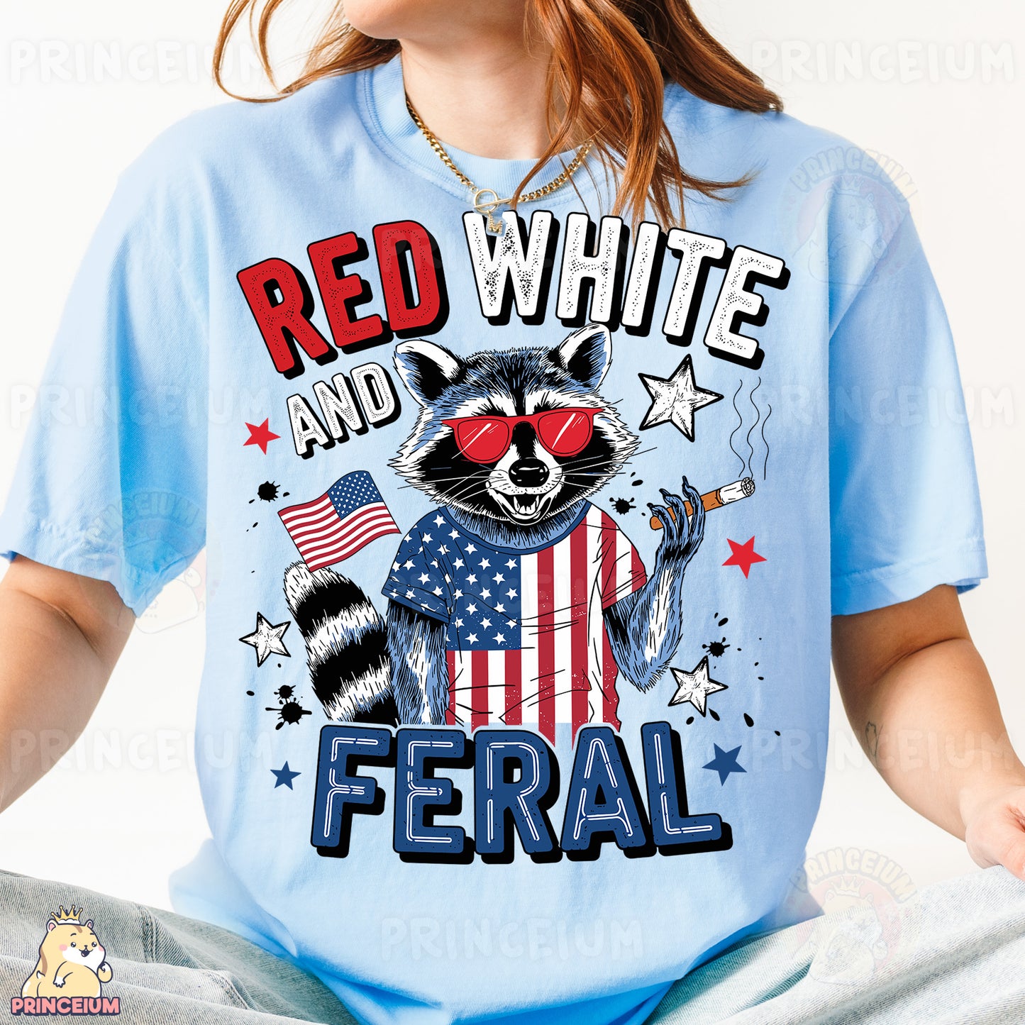 a woman wearing a red, white and blue shirt