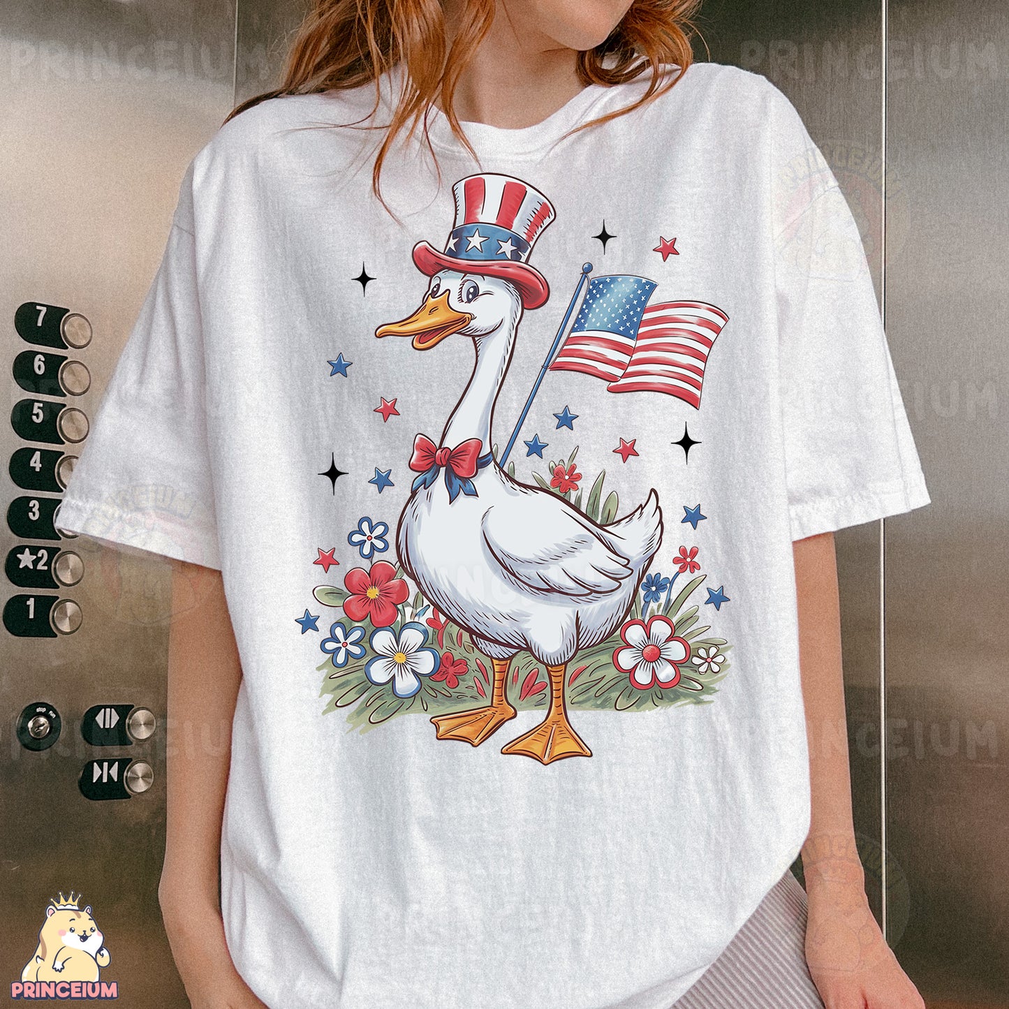 a woman wearing a white shirt with a duck wearing a hat and an american flag