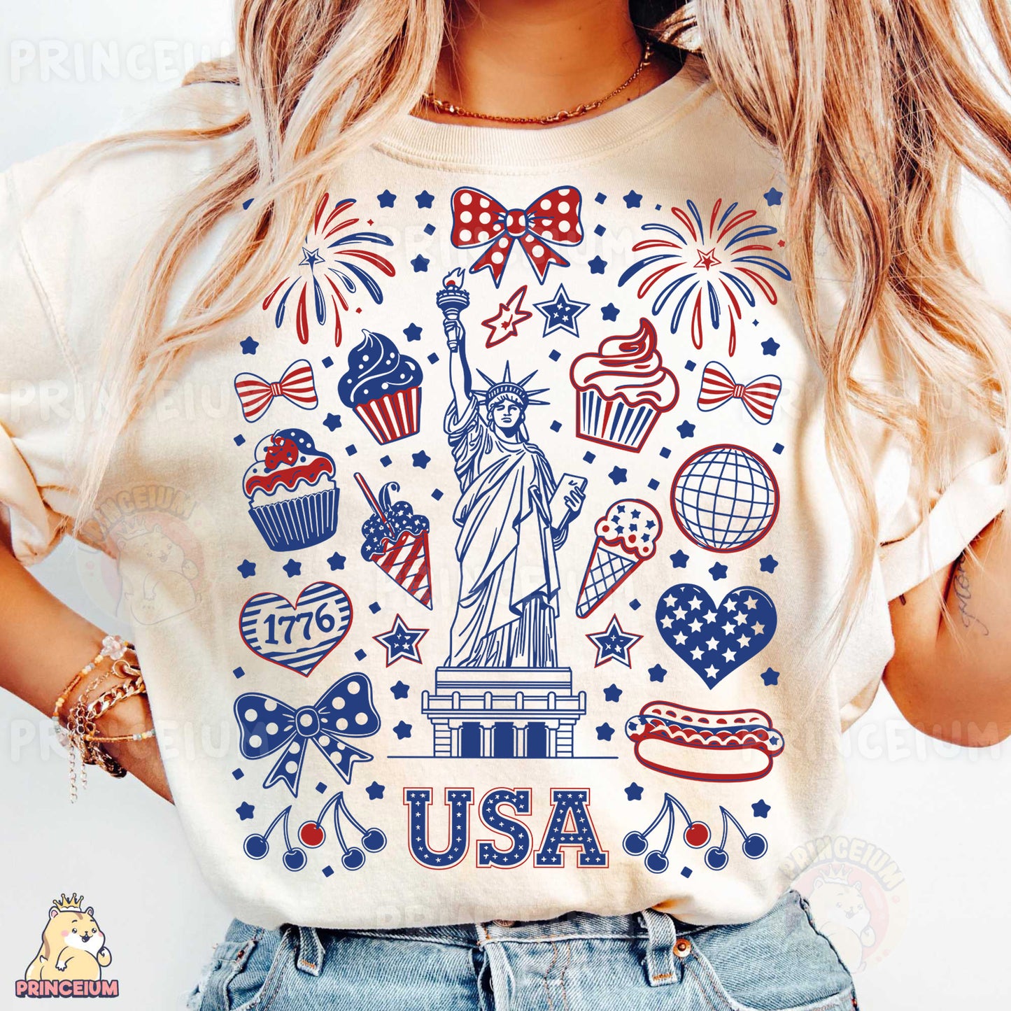 a woman wearing a usa t - shirt with a statue of liberty on it
