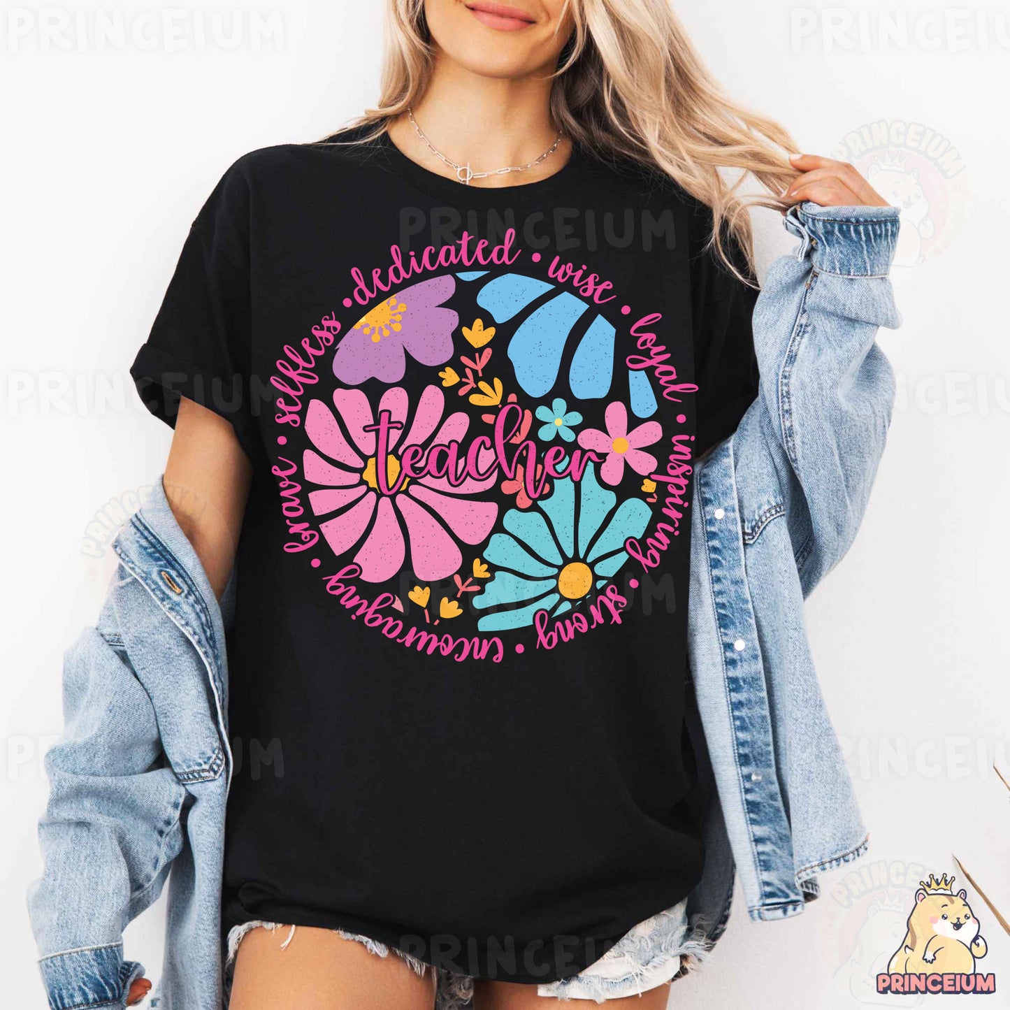 a woman wearing a black t - shirt with colorful flowers on it