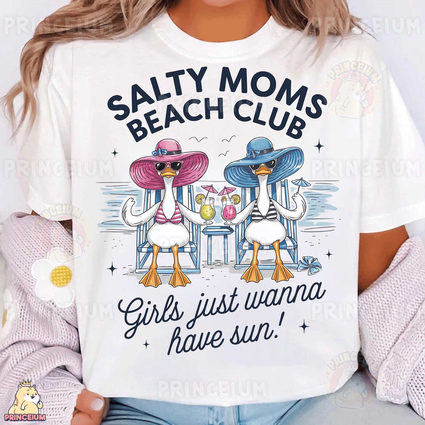 a woman wearing a t - shirt that says salty moms beach club