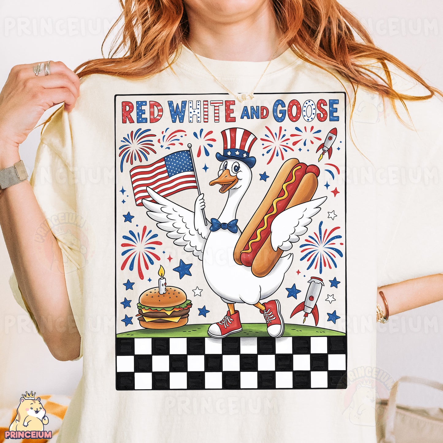 a woman wearing a red white and goose shirt