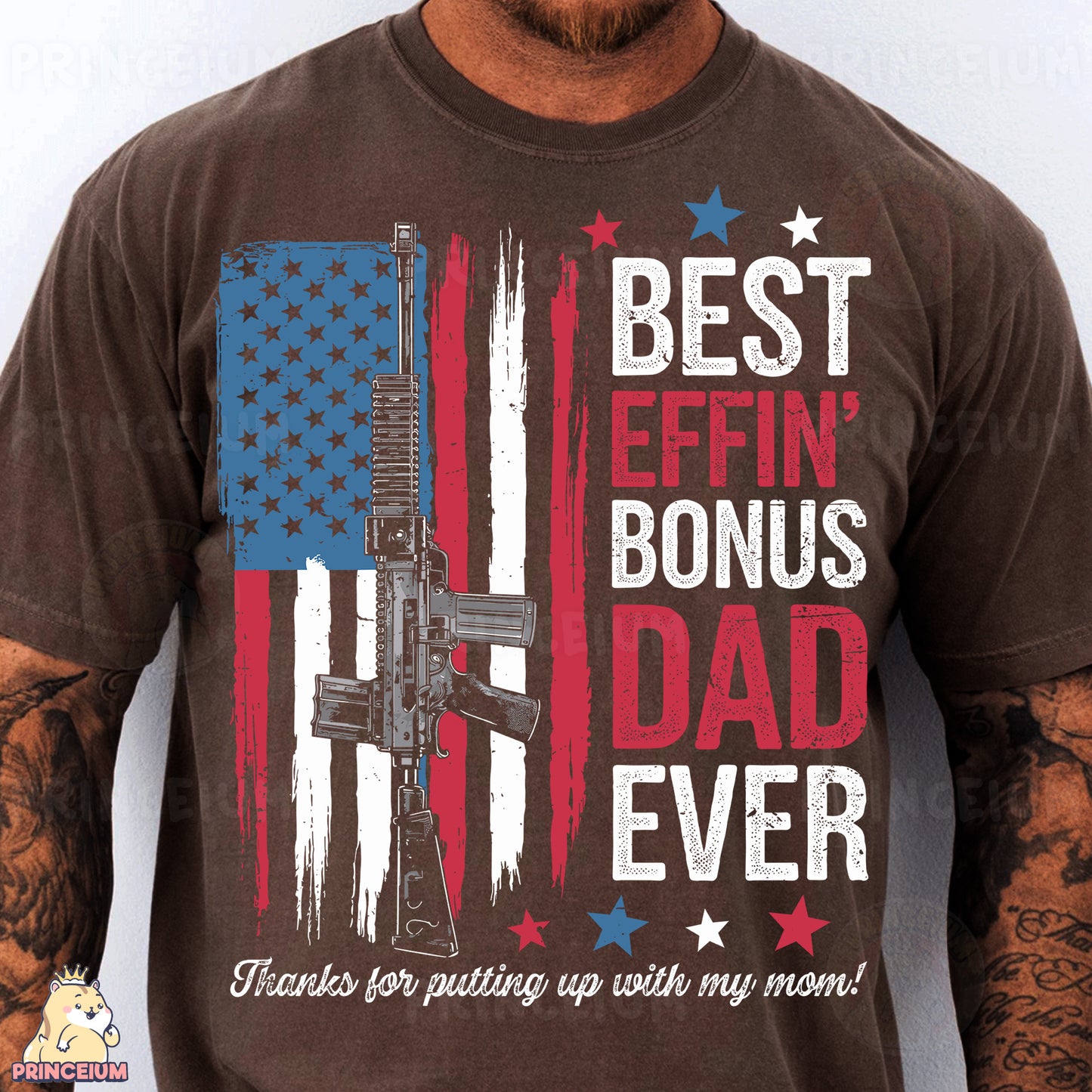 a man wearing a brown t - shirt with the american flag on it