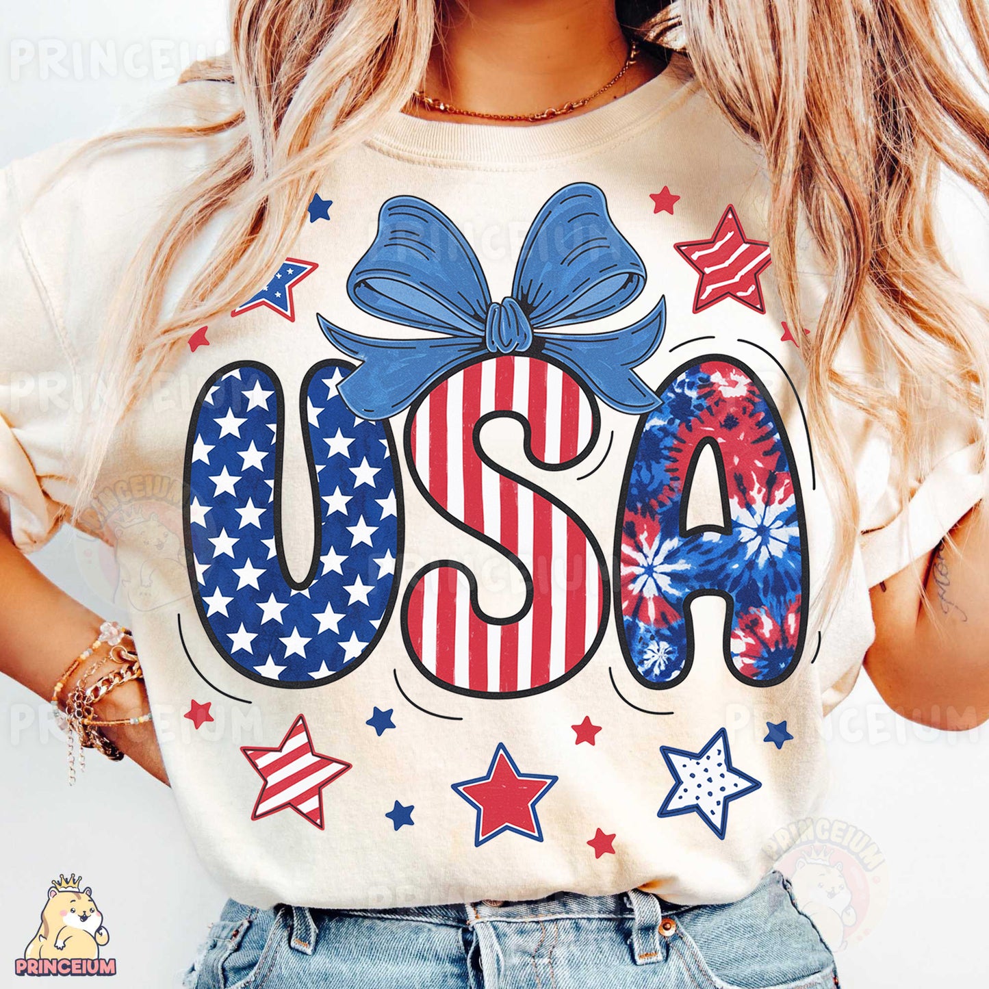 a woman wearing a usa t - shirt with a bow