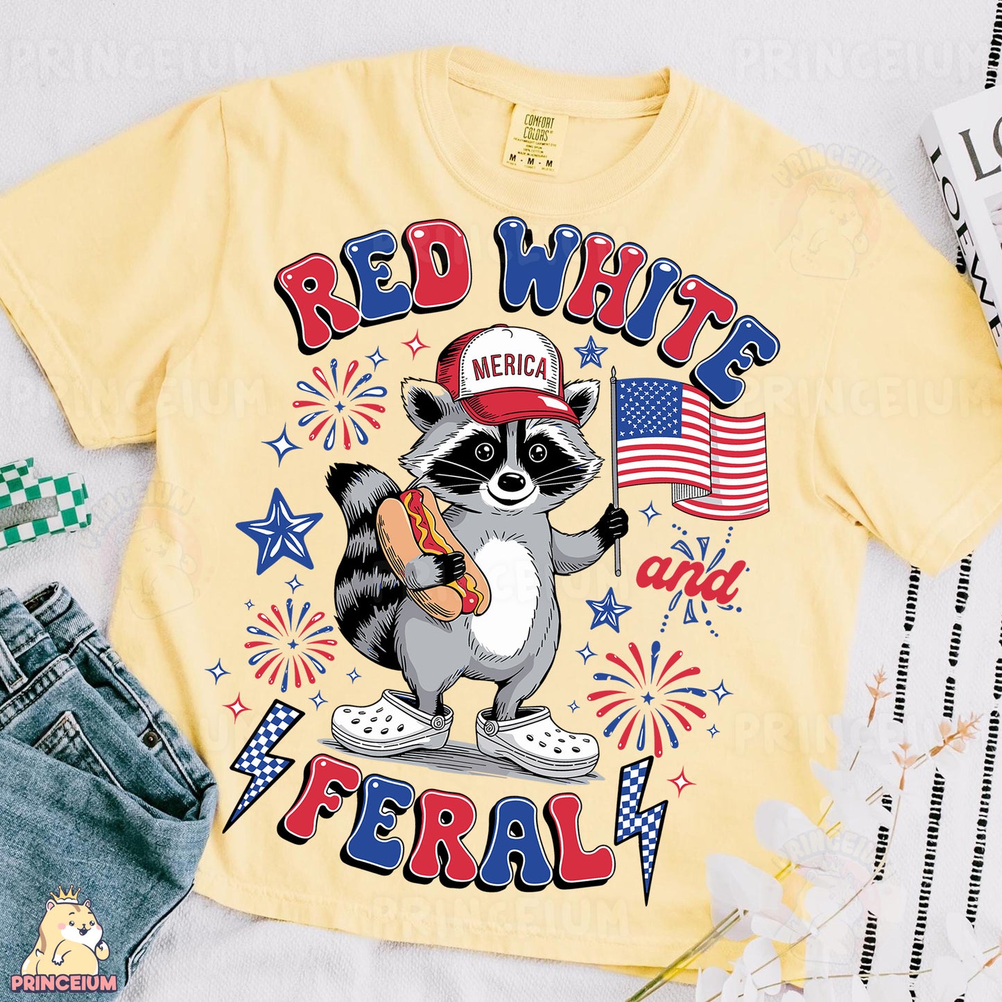 a red white and blue shirt with a raccoon holding a baseball bat