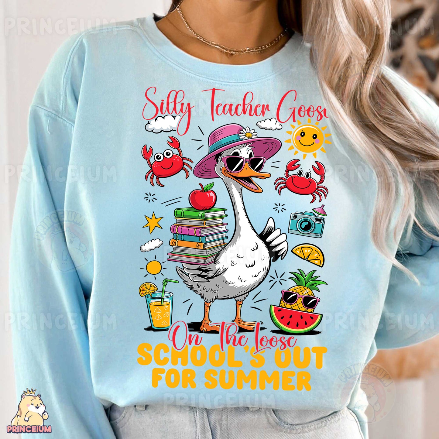 a woman wearing a blue sweatshirt with an image of a duck wearing a hat