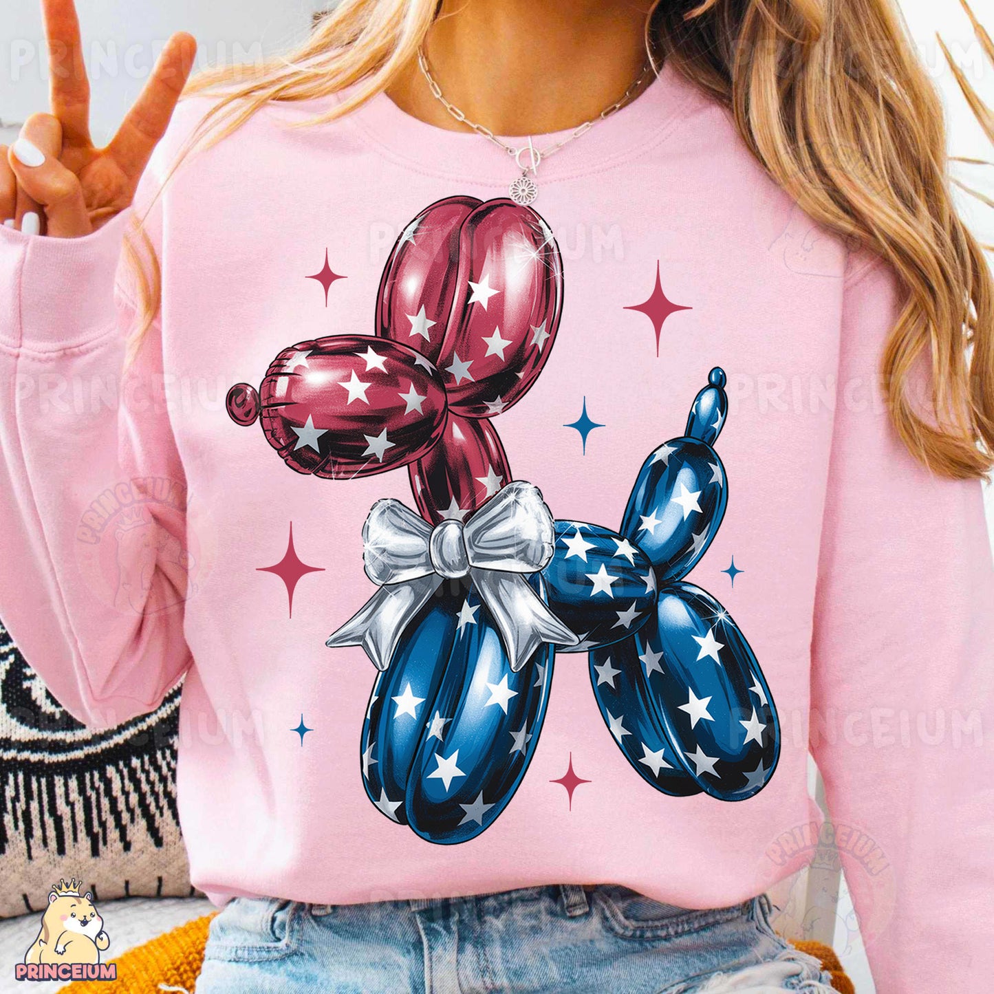 a woman wearing a pink shirt with a red, white, and blue bow tie