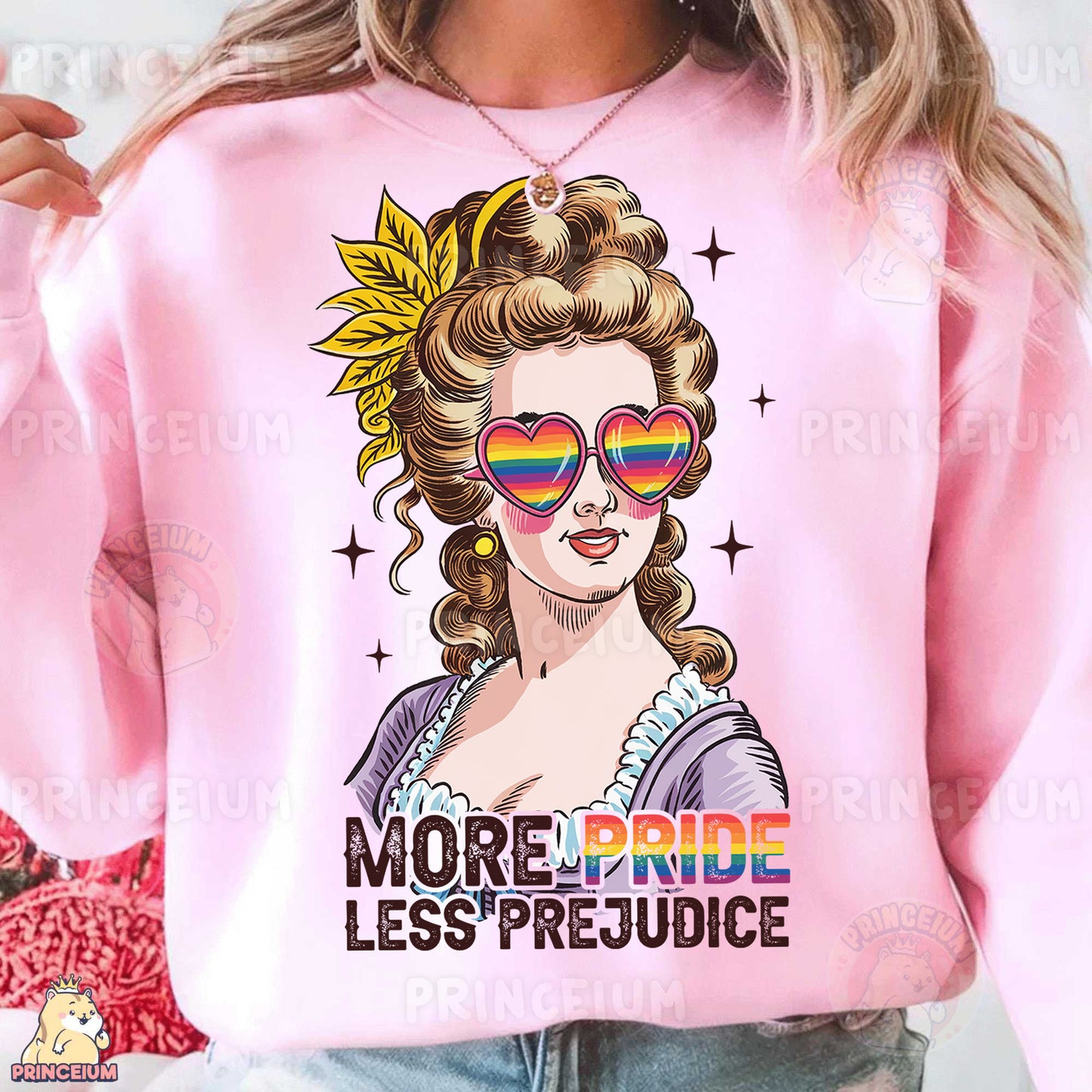 a woman wearing a pink sweatshirt with a sunflower on her head