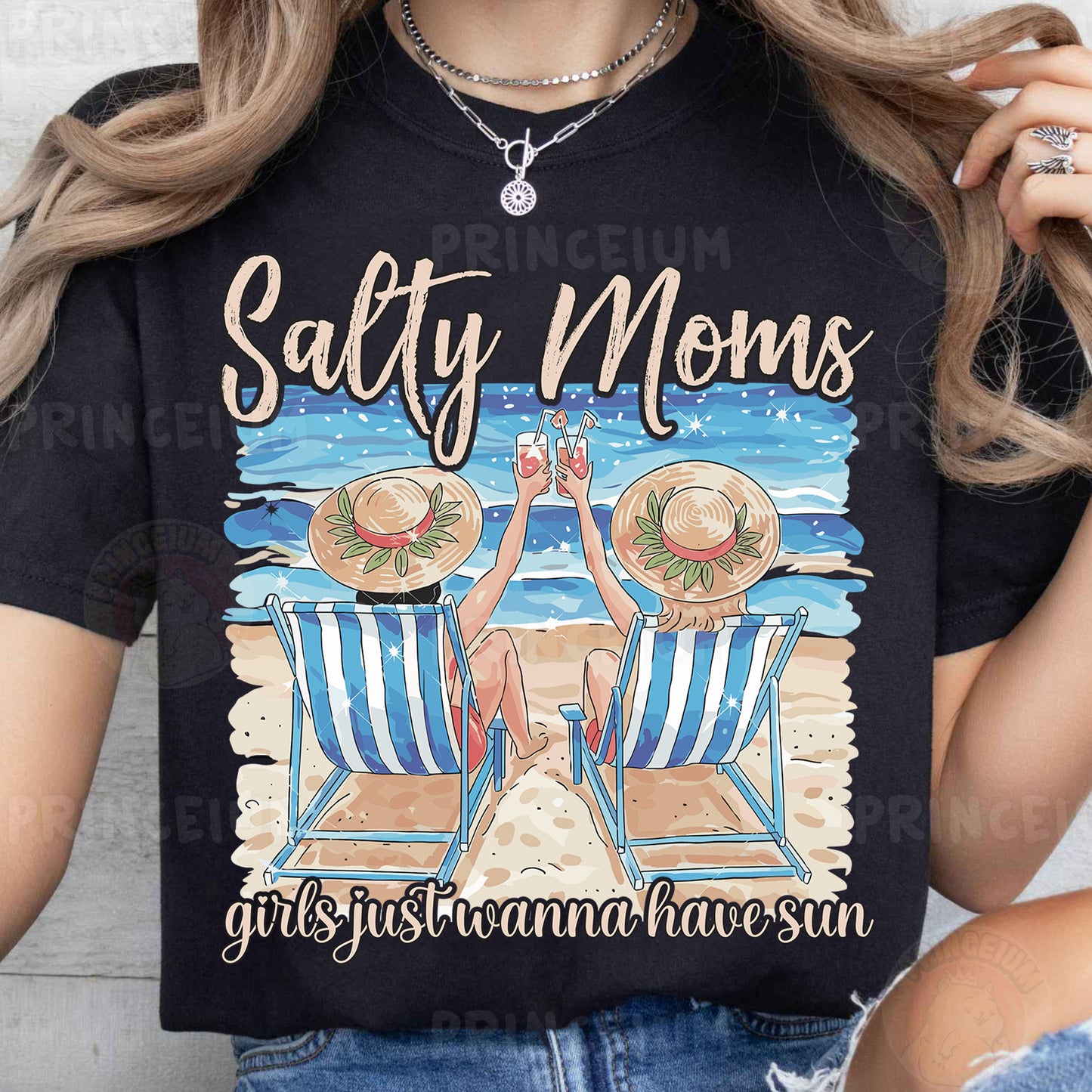a woman wearing a black shirt that says salty moms