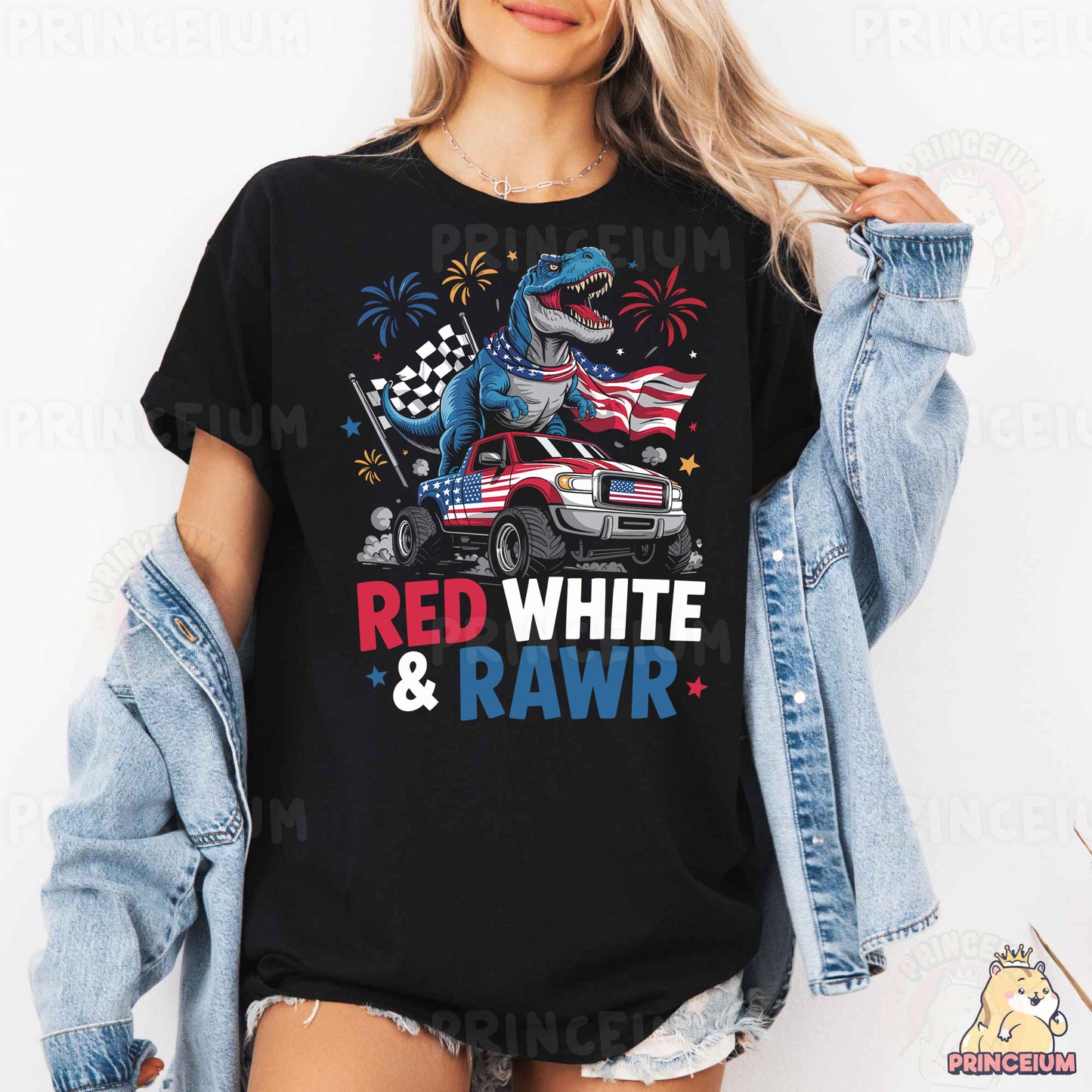 a woman wearing a red white and raw shirt