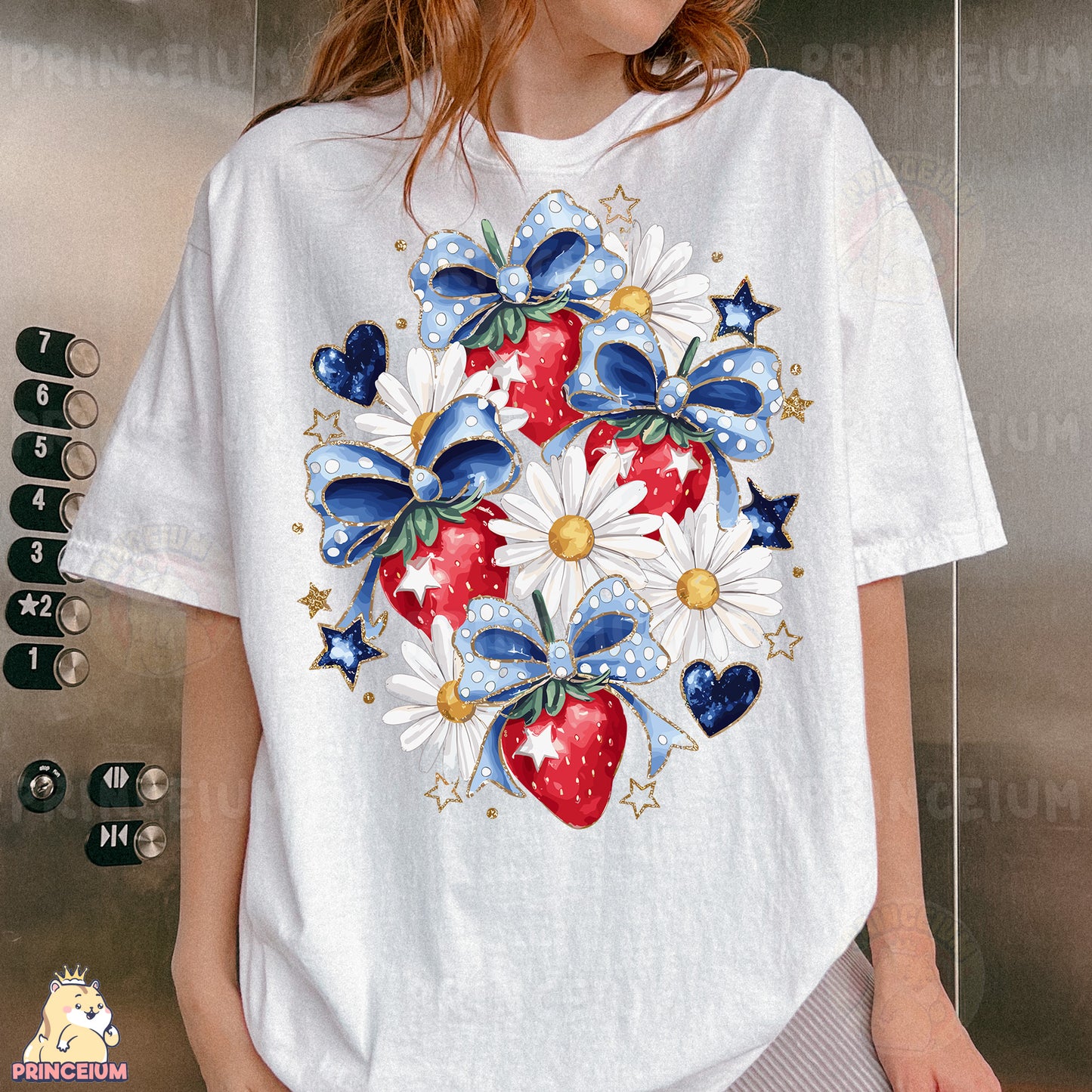 a woman wearing a white t - shirt with red, white, and blue flowers