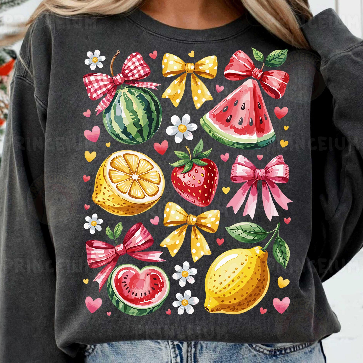 a woman wearing a sweatshirt with fruit and bows on it