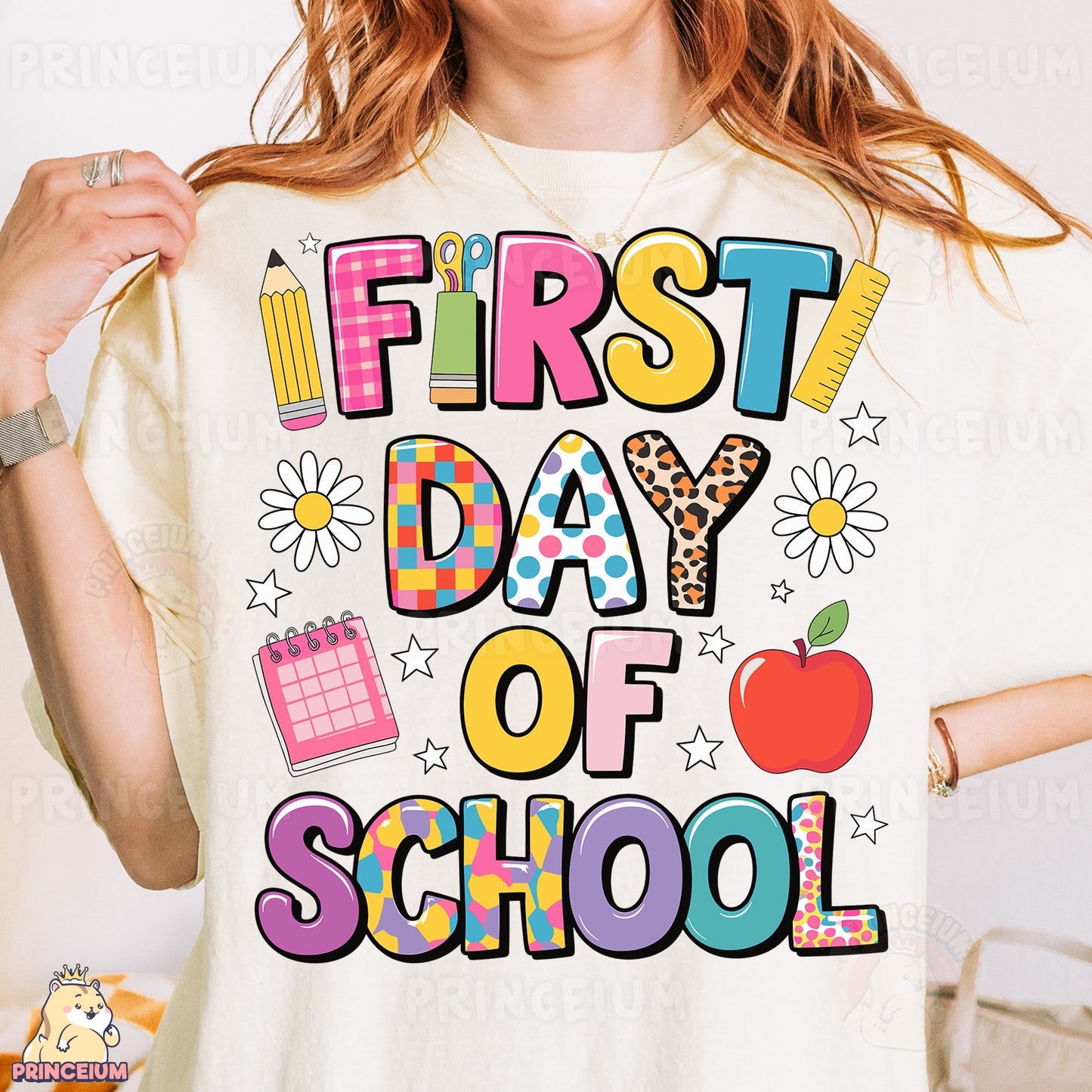 a woman wearing a t - shirt that says first day of school