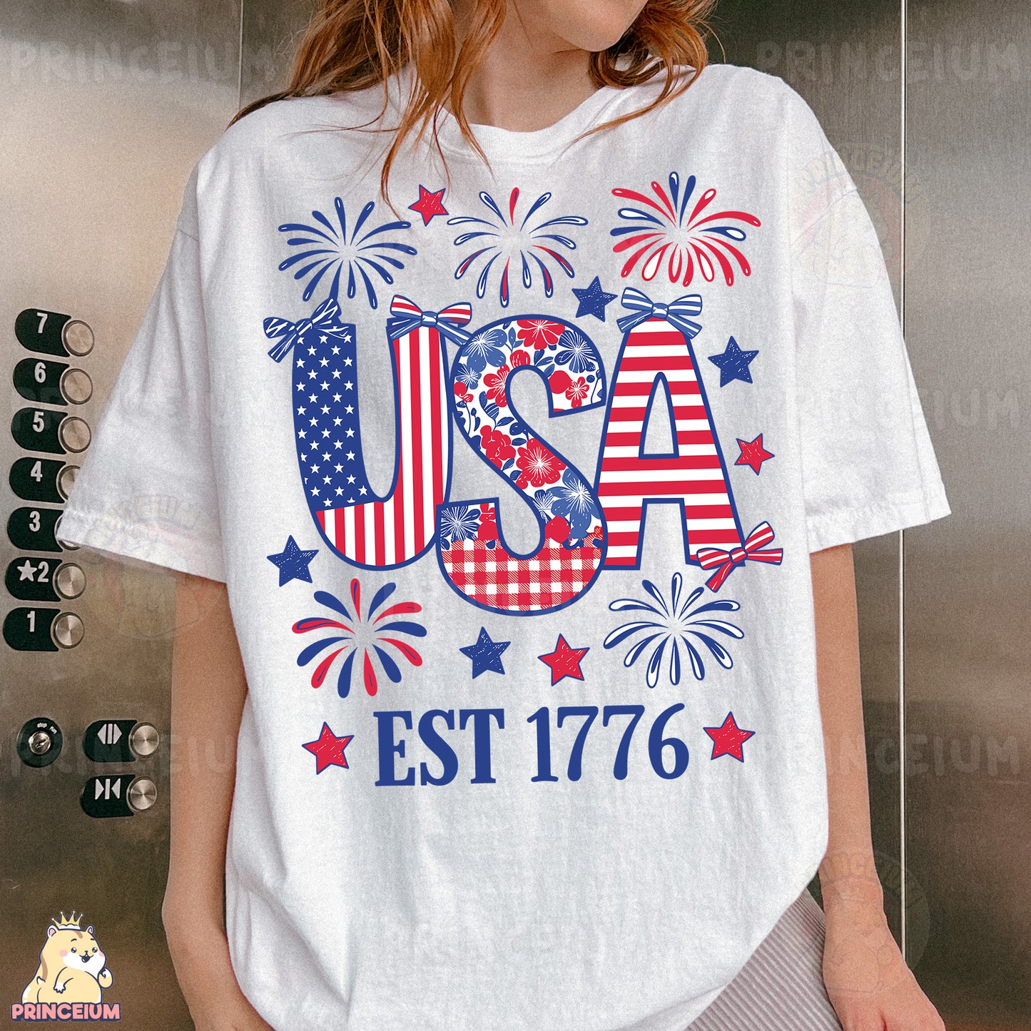 a woman wearing a usa t - shirt with fireworks