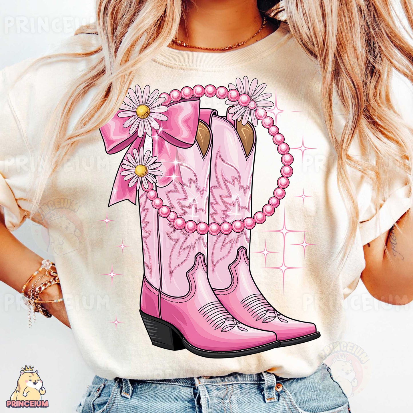 a woman wearing a pink cowboy boot t - shirt