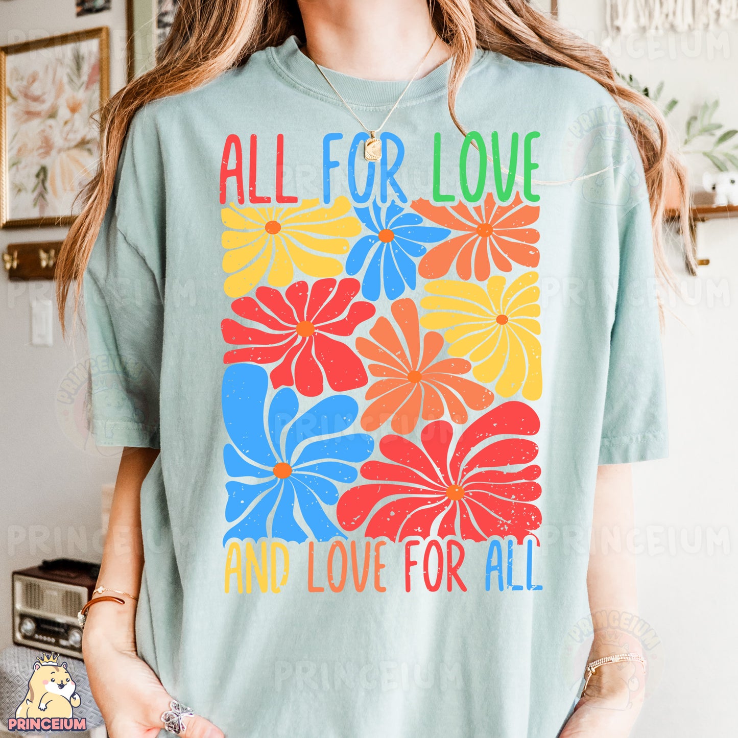 a woman wearing a t - shirt that says all for love and love for all