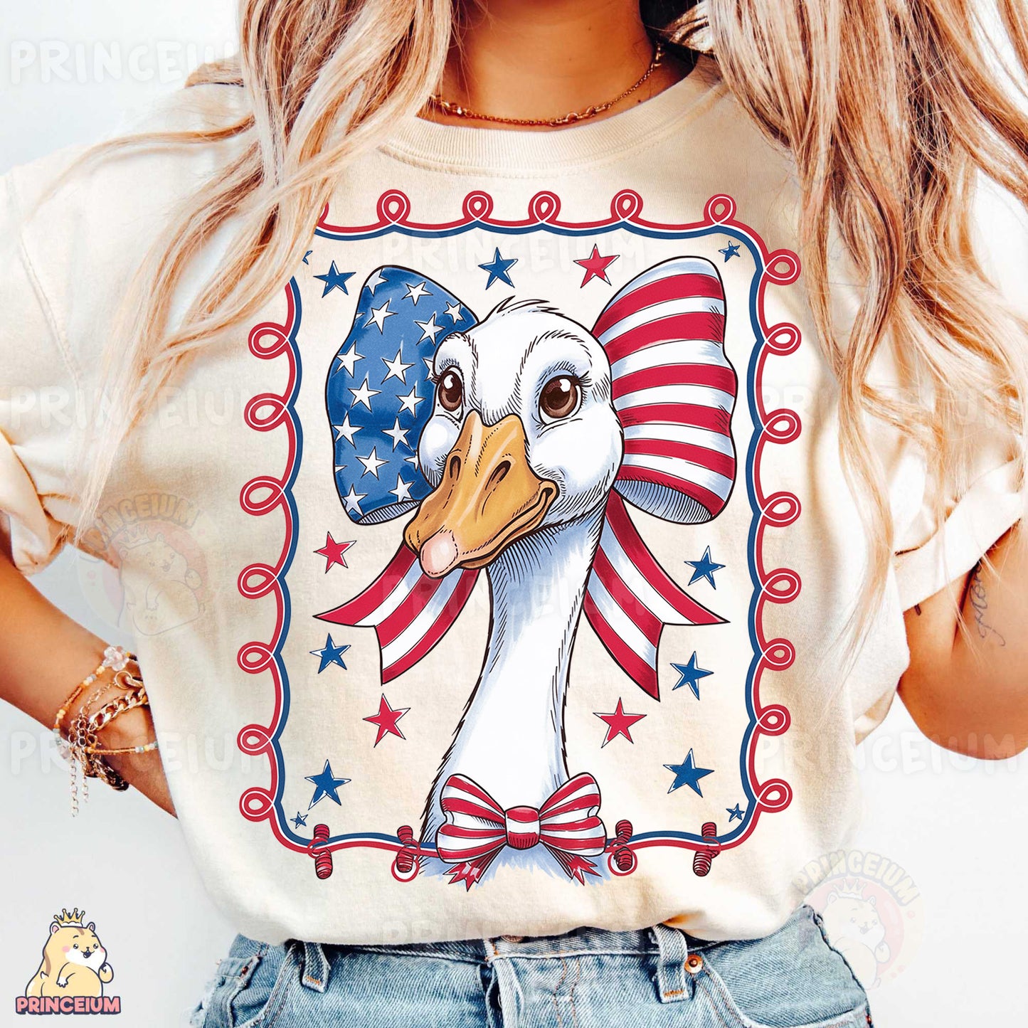 a woman wearing a patriotic t - shirt with a goose on it