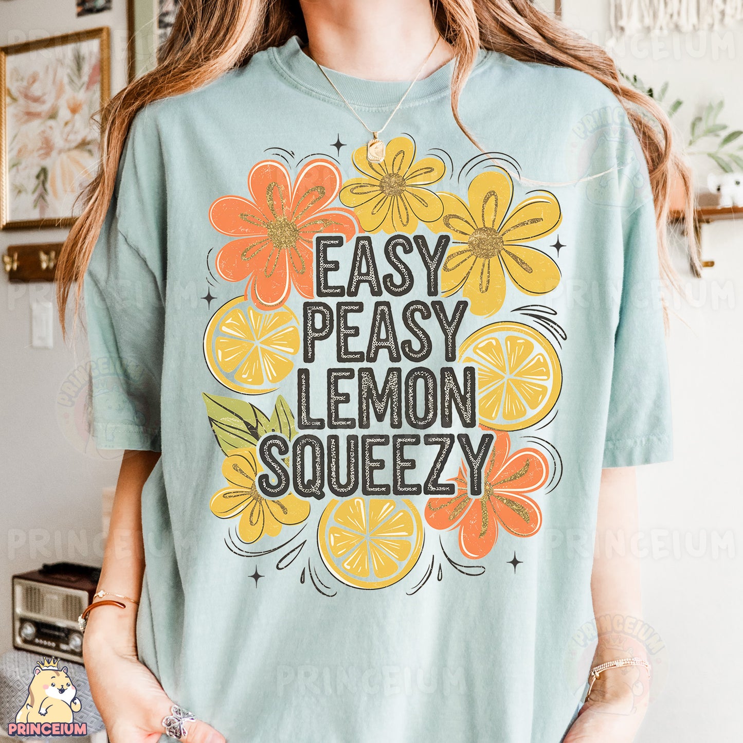 a woman wearing a t - shirt that says easy peasy lemon squeezezy